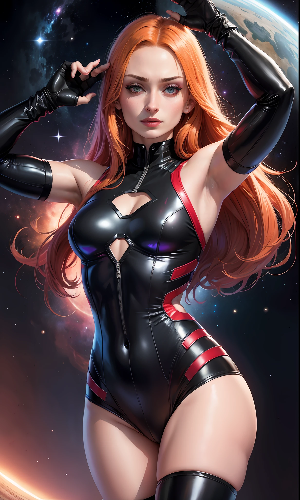 Fênix Negra (Sophie Turner) vestindo sexy superhero outfit, armpit, cosmic lights, in space, looking at viewer, glowing red eyes