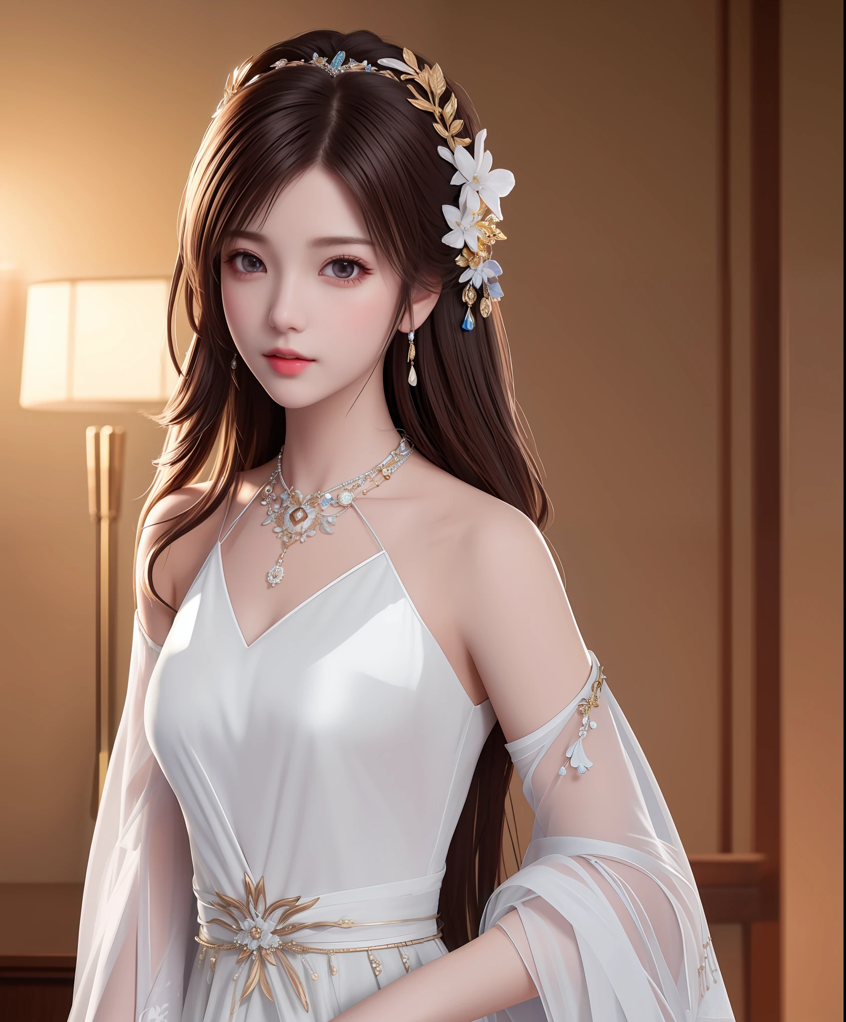 Best quality, masterpiece, high resolution, 1girl, porcelain dress, hair accessories, necklace, jewelry, beautiful face, on the body, Tyndall effect, realistic, dark studio, edge lighting, two-tone lighting, (high detail skin: 1.2), 8k UHD, dslr, soft light, high quality, volumetric light, candid, photo, high resolution, 4k, 8k, background blur,