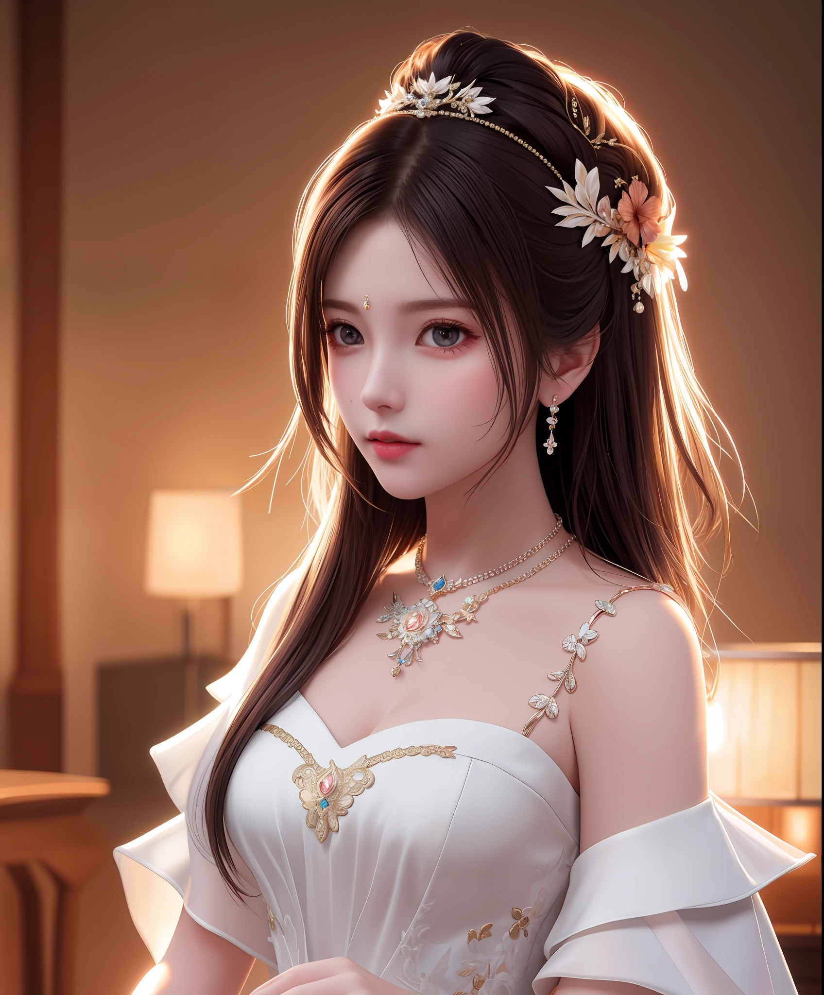 Best quality, masterpiece, high resolution, 1girl, porcelain dress, hair accessories, necklace, jewelry, beautiful face, on the body, Tyndall effect, realistic, dark studio, edge lighting, two-tone lighting, (high detail skin: 1.2), 8k UHD, dslr, soft light, high quality, volumetric light, candid, photo, high resolution, 4k, 8k, background blur,