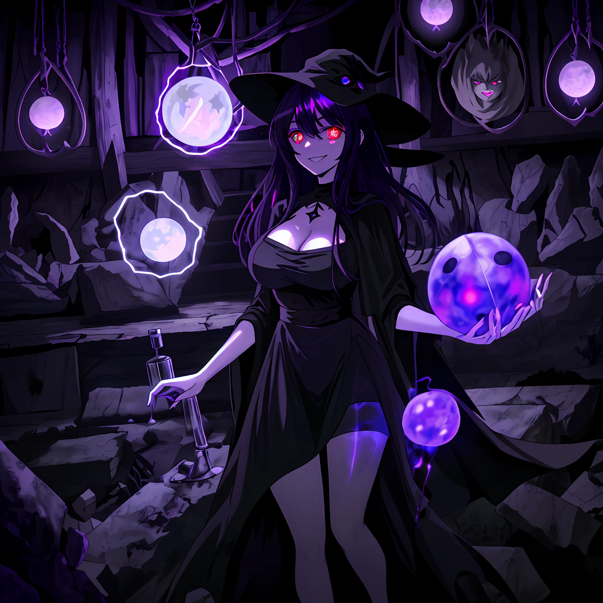 an evil beautiful witch is doing chemical experiments in an old abandoned medieval hut with black magic and a lot of alchemical test tubes, dark fantasy style, smiling, black robes, cleavage, large breasts, thighs, black dress, witch hat, wide brim witch hat, purple hair, purple eyes, glowing eyes, (((purple glowing eyes))), gorgeous