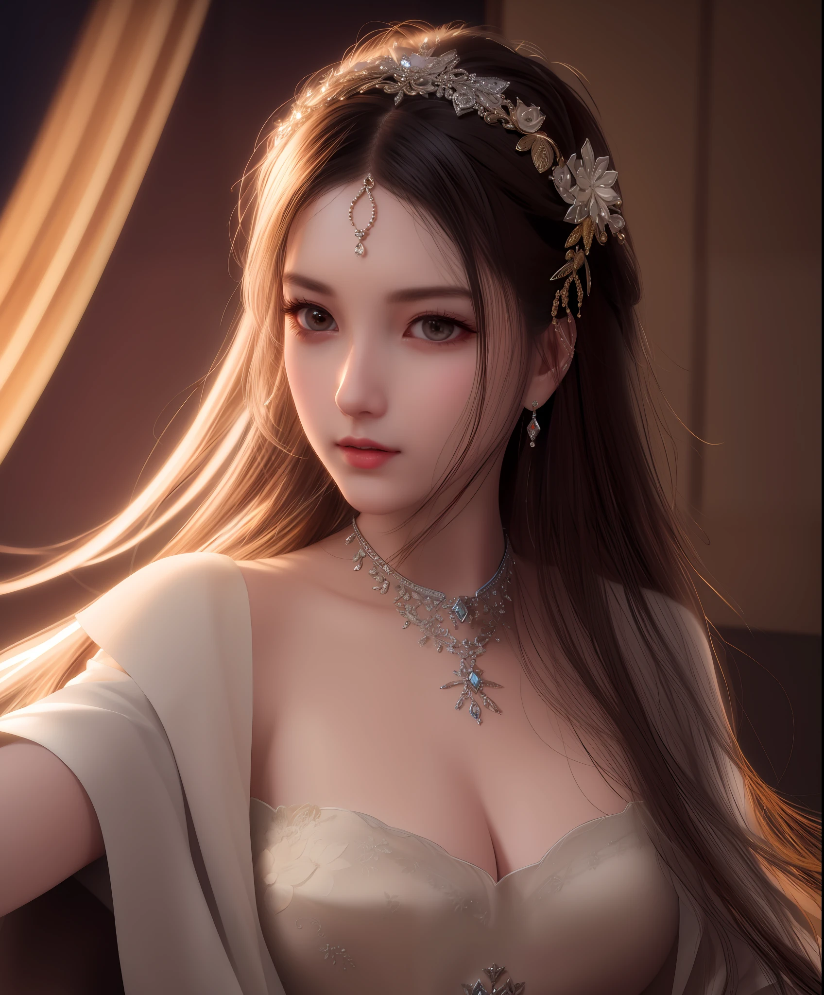 Best quality, masterpiece, high resolution, 1girl, porcelain dress, hair accessories, necklace, jewelry, beautiful face, on the body, Tyndall effect, realistic, dark studio, edge lighting, two-tone lighting, (high detail skin: 1.2), 8k UHD, dslr, soft light, high quality, volumetric light, candid, photo, high resolution, 4k, 8k, background blur,