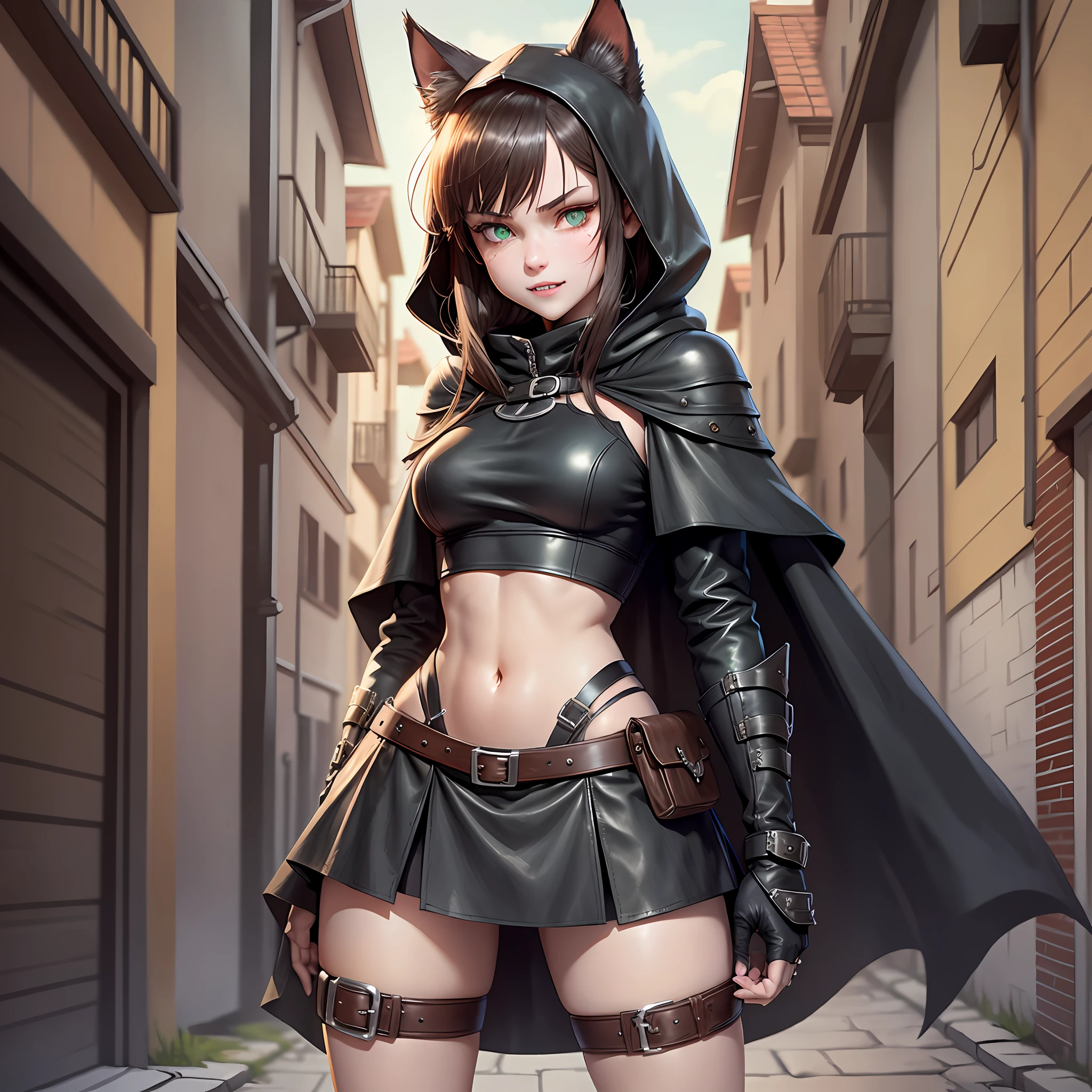 Catgirl in a short skirt, leather armor and a black hood. She has deadly green eyes, pale skin, brown hair, and sharp fangs. She also has a small cloak that is also black, and she has a nervous grin. She also has a pistol holster on her hip and her sweat is dripping down it, she is very. Background medieval town, alley