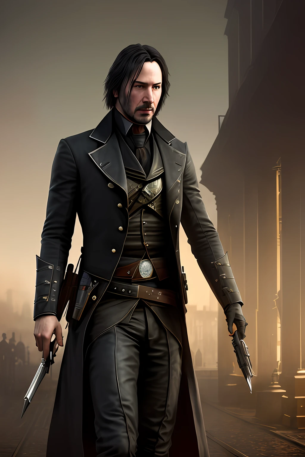 a portrait of a keanu reeves as a victorian assassins creed on steam punk industrial 1850s london, cinematic lighting, grungy, foggy, extremely detailed cg unity 8k wallpaper, high detail, photorealistic painting art by midjourney and greg rutkowski, matte, bryan organ