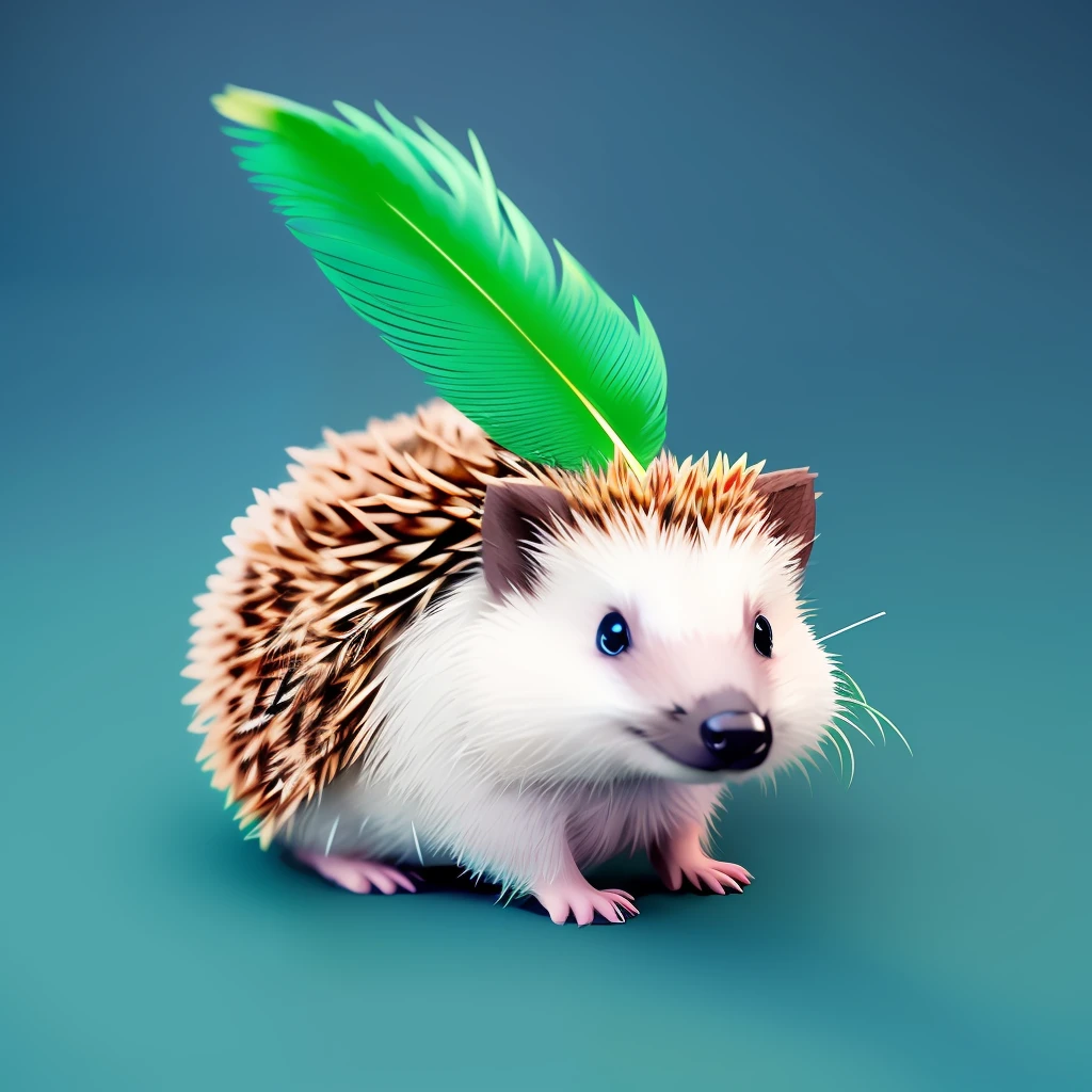 A small hedgehog with a green feather on its head. Cute style. Pixsar style.