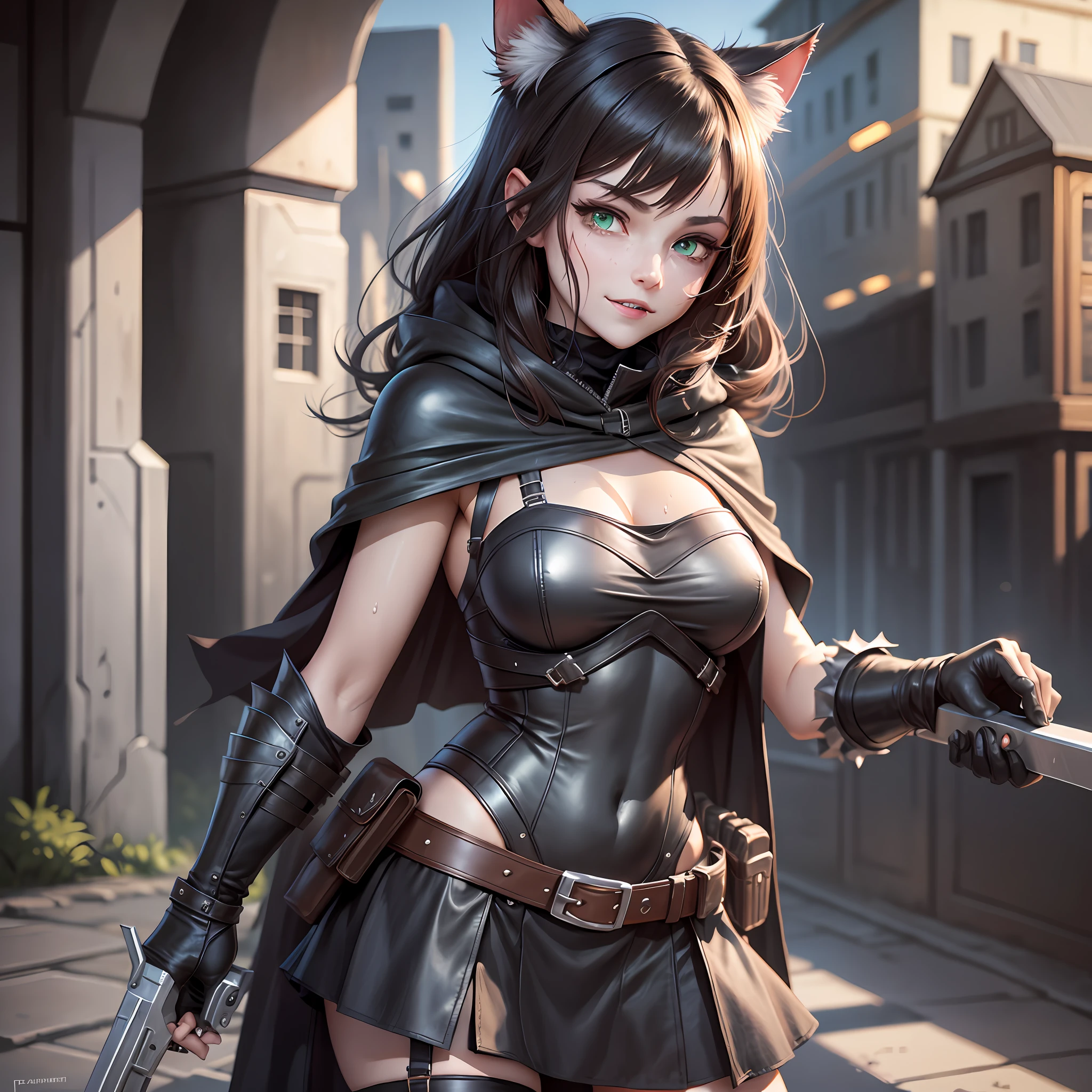 Catgirl in a short skirt, leather armor and a black hood. She has deadly green eyes, pale skin, brown hair, and sharp fangs. She also has a small cloak that is also black, and she has a nervous grin. She also has a pistol holster on her hip and her sweat is dripping down it, she is very. Background medieval town, alley