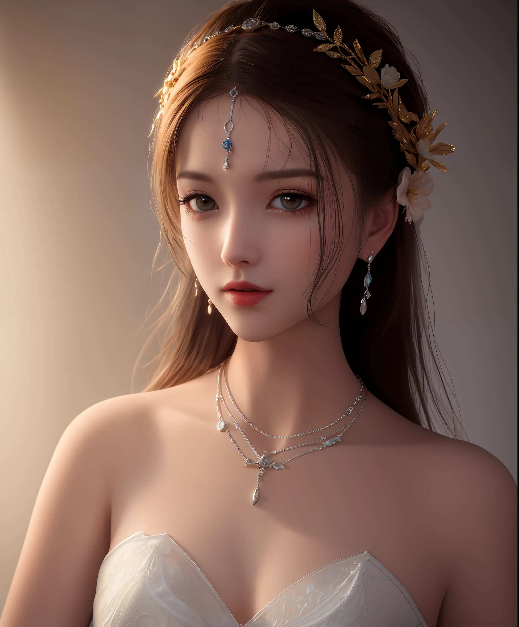 Best quality, masterpiece, high resolution, 1girl, porcelain dress, hair accessories, necklace, jewelry, beautiful face, on the body, Tyndall effect, realistic, dark studio, edge lighting, two-tone lighting, (high detail skin: 1.2), 8k UHD, dslr, soft light, high quality, volumetric light, candid, photo, high resolution, 4k, 8k, background blur,