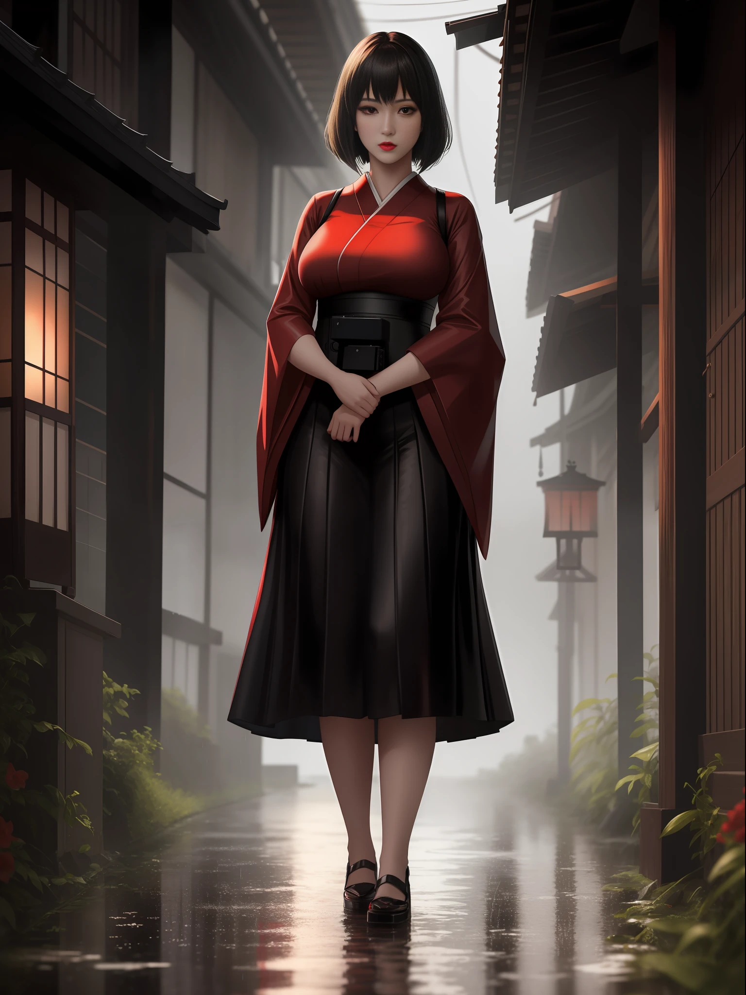 Full body photo of 1 woman and 1 ghost of a creepy woman behind her, she is in a black high school student outfit with a short skirt, she has big breasts, extremely beautiful, she has short black hair, red eyes, red lipstick on her mouth , she's holding an old camera obscura for photography, she's in an old Japanese village at night, it's raining heavily, she's wearing transparent clothes and her hair is all soaked in water, Fatal Frame Crimson butterfly, anime, Terror, 16k, best quality, highres, high details, UHD, masterpiece