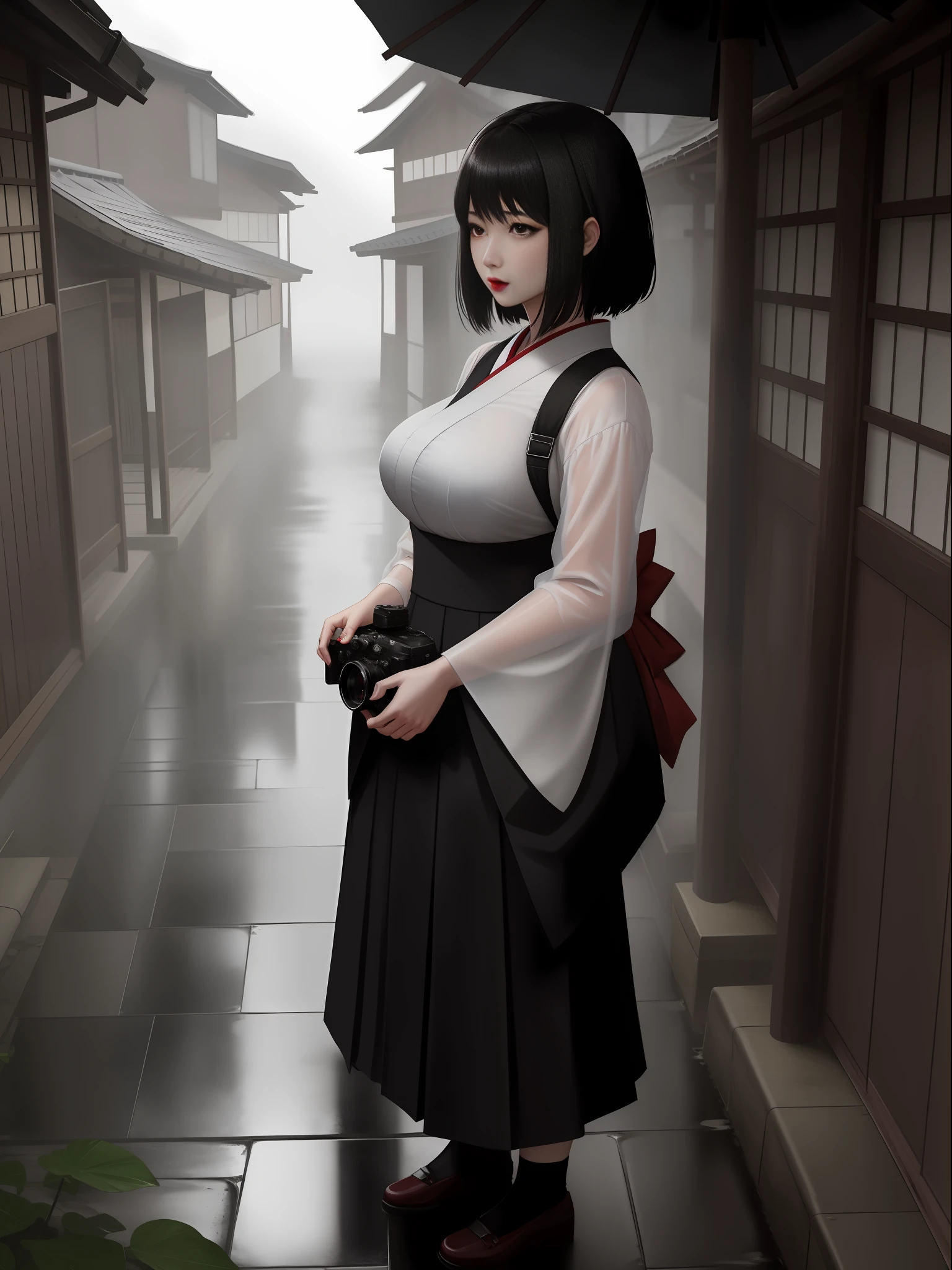 Full body photo of 1 woman and 1 ghost of a creepy woman behind her, she is in a black high school student outfit with a short skirt, she has big breasts, extremely beautiful, she has short black hair, red eyes, red lipstick on her mouth , she's holding an old camera obscura for photography, she's in an old Japanese village at night, it's raining heavily, she's wearing transparent clothes and her hair is all soaked in water, Fatal Frame Crimson butterfly, anime, Terror, 16k, best quality, highres, high details, UHD, masterpiece