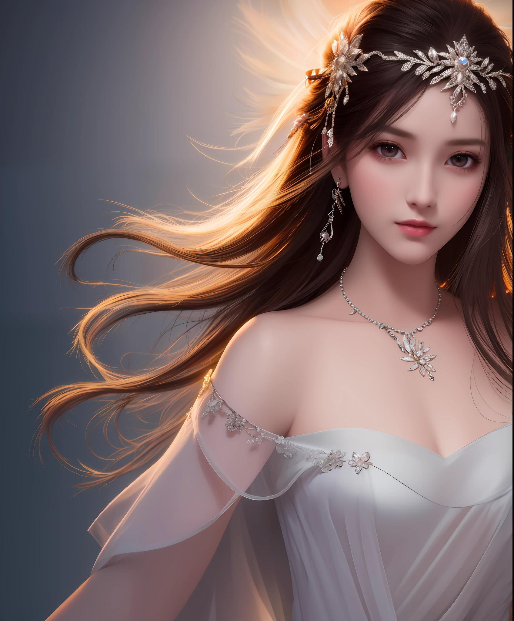 Best quality, masterpiece, high resolution, 1girl, porcelain dress, hair accessories, necklace, jewelry, beautiful face, on the body, Tyndall effect, realistic, dark studio, edge lighting, two-tone lighting, (high detail skin: 1.2), 8k UHD, dslr, soft light, high quality, volumetric light, candid, photo, high resolution, 4k, 8k, background blur,