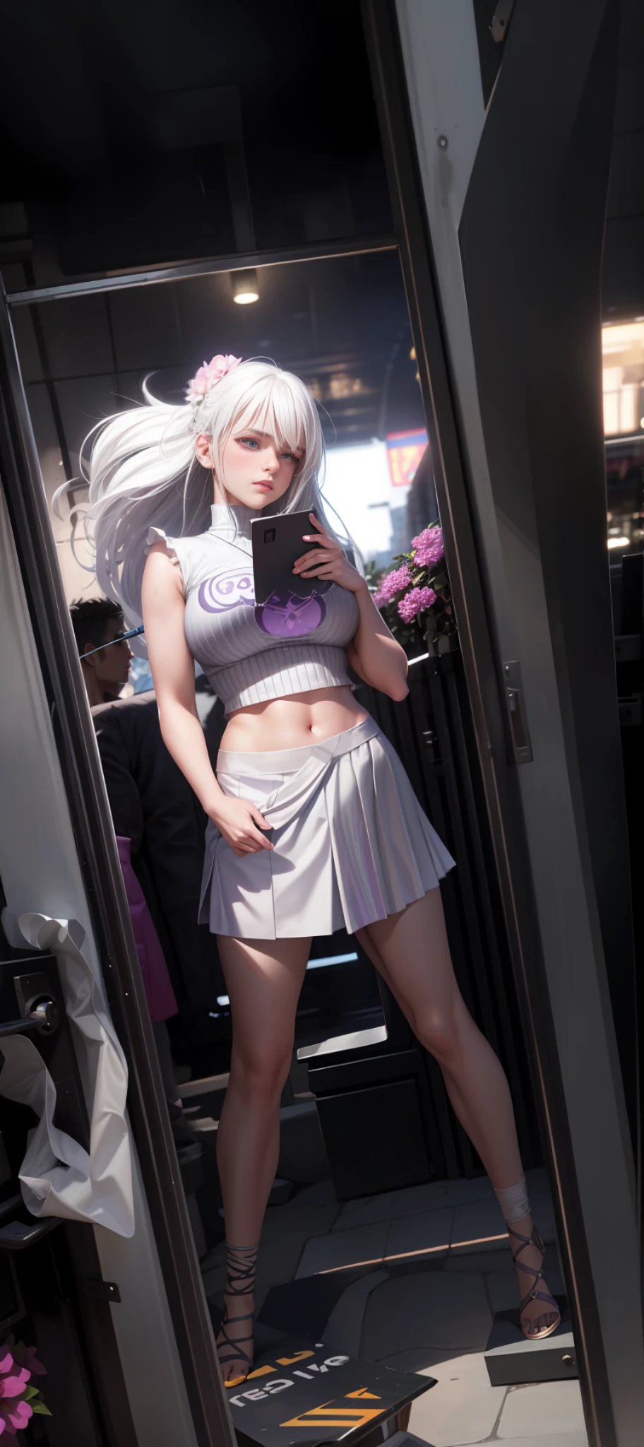 realistic, 1girl, white hair, purple eyes, glowing eyes, crop top, skirt, parted lips, blush, night, flowers, sun, sunlight, Beautiful girl, large breasts detailed body, model:real, face:real, photorealistic, sexy pose, good lags, ultra detailed realistic face