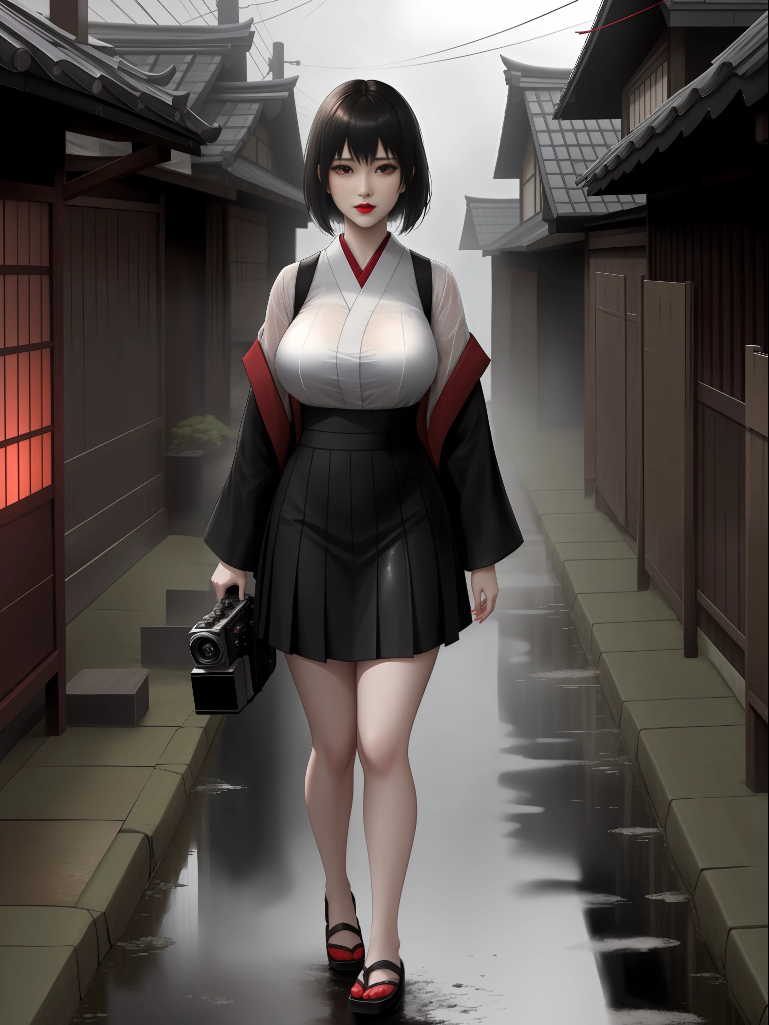 Full body photo of 1 woman and 1 ghost of a creepy woman behind her, she is in a black high school student outfit with a short skirt, she has big breasts, extremely beautiful, she has short black hair, red eyes, red lipstick on her mouth , she is holding an old camera obscura for photography, she is in an old Japanese village at night, it is raining heavily, her clothes are soaked in transparent water and her hair is all soaked in water, Fatal Frame Crimson butterfly, anime, Terror, 16k, best quality, highres, high details, UHD, masterpiece