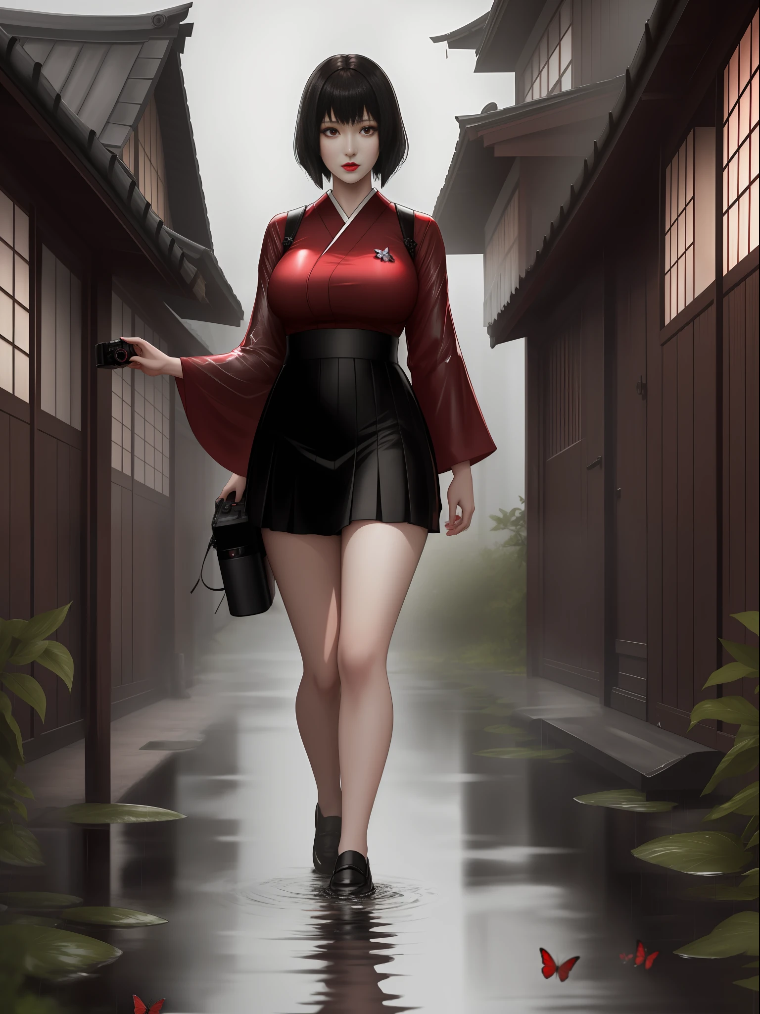 Full body photo of 1 woman and 1 ghost of a creepy woman behind her, she is in a black high school student outfit with a short skirt, she has big breasts, extremely beautiful, she has short black hair, red eyes, red lipstick on her mouth , she is holding an old camera obscura for photography, she is in an old Japanese village at night, it is raining heavily, her clothes are soaked in transparent water and her hair is all soaked in water, Fatal Frame Crimson butterfly, anime, Terror, 16k, best quality, highres, high details, UHD, masterpiece
