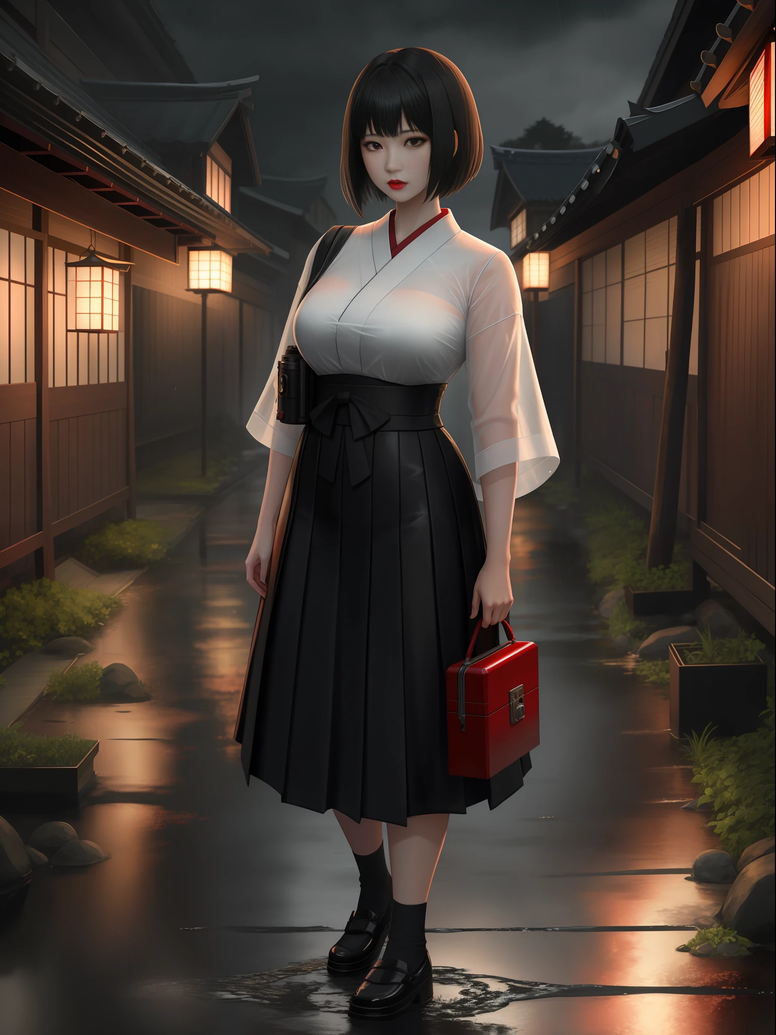 Full body photo of 1 woman and 1 ghost of a creepy woman behind her, she is in a black high school student outfit with a short skirt, she has big breasts, extremely beautiful, she has short black hair, red eyes, red lipstick on her mouth , she is holding an old camera obscura for photography, she is in an old Japanese village at night, it is raining heavily, her clothes are soaked in transparent water and her hair is all soaked in water, Fatal Frame Crimson butterfly, anime, Terror, 16k, best quality, highres, high details, UHD, masterpiece