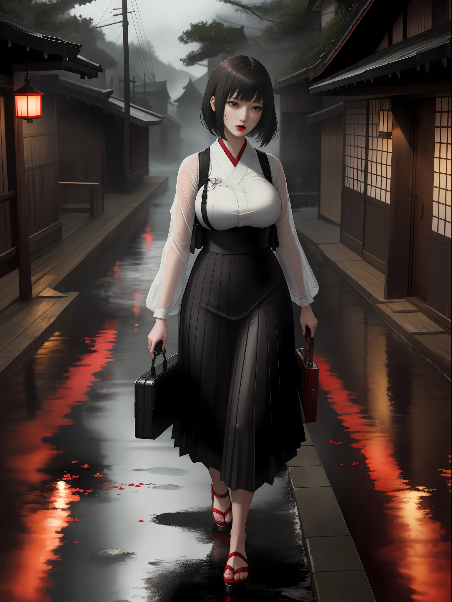 Full body photo of 1 woman and 1 ghost of a creepy woman behind her, she is in a black high school student outfit with a short skirt, she has big breasts, extremely beautiful, she has short black hair, red eyes, red lipstick on her mouth , she is holding an old camera obscura for photography, she is in an old Japanese village at night, it is raining heavily, her clothes are soaked in transparent water and her hair is all soaked in water, Fatal Frame Crimson butterfly, anime, Terror, 16k, best quality, highres, high details, UHD, masterpiece