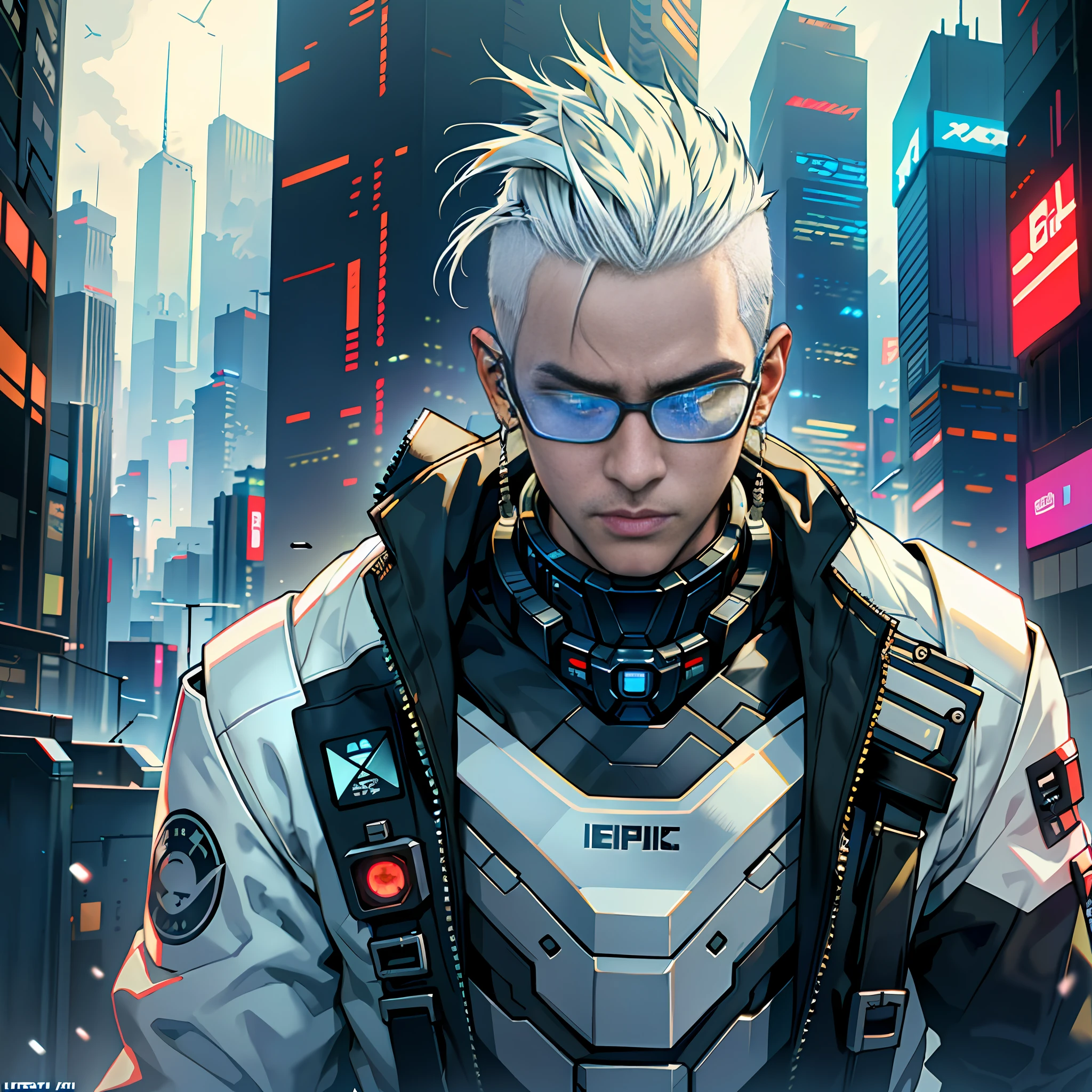 Cyberpunk, white mohican hairstyle male, glasses, 18 years old, yellow storm jacket, handsome, bust, super detailed, realistic, super realistic, high quality, best, super detail, crazy detail, very detailed, photo realism, epic composition, best quality
