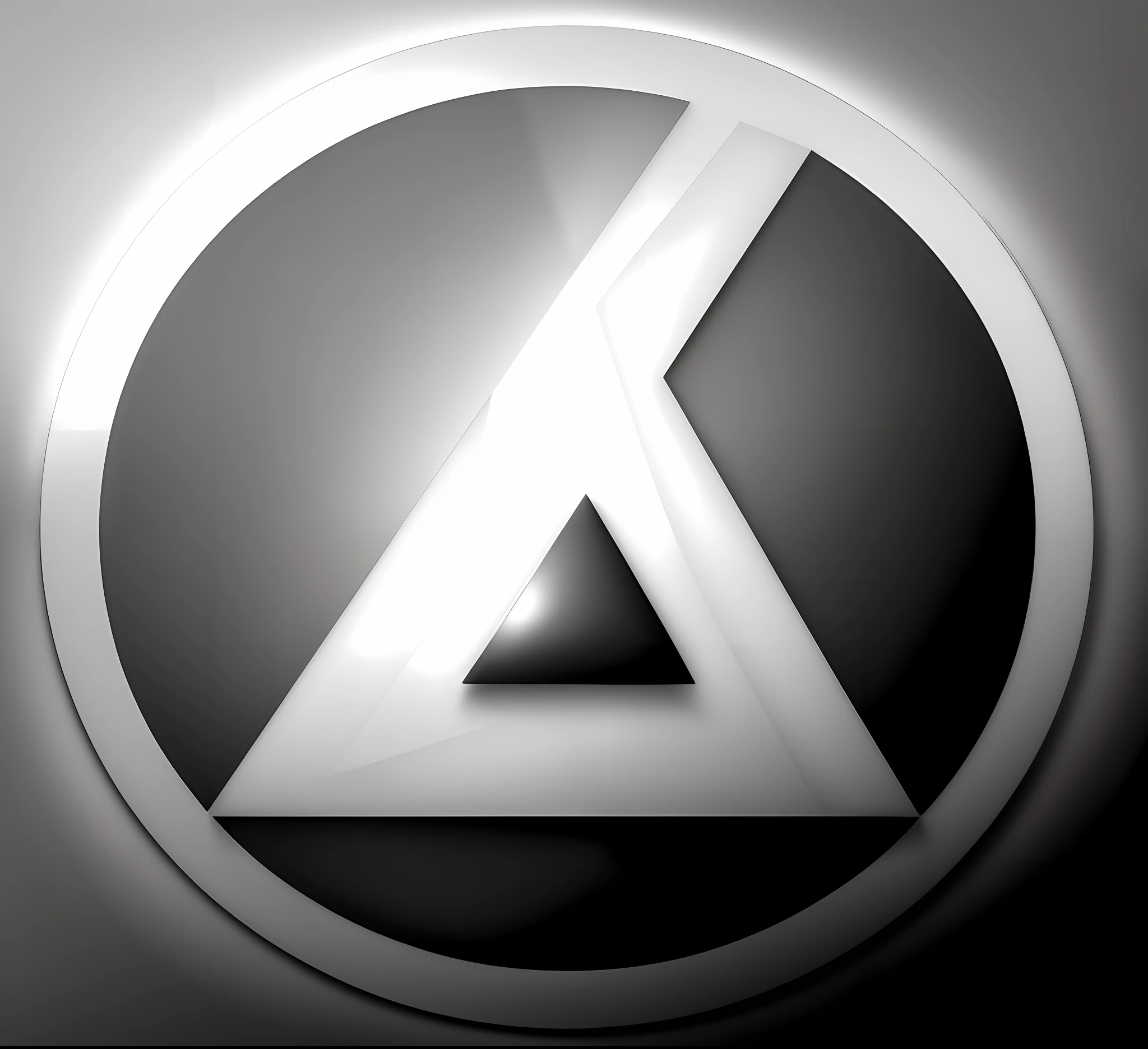 a gray and white logo with a triangle inside it, lambda, symbol, ancient symbol behind it, scp foundation, half-life logo on chest, triangle inside circle, imperial symbol, insignia, half-life, symbol for the word ersatz, advertising logo, logo without text, scp, symmetrical logo, alliance, unique logo, symbols, logo, platinum outline, metalic neon effect, 3d effect, apple style, (((monochrome)))