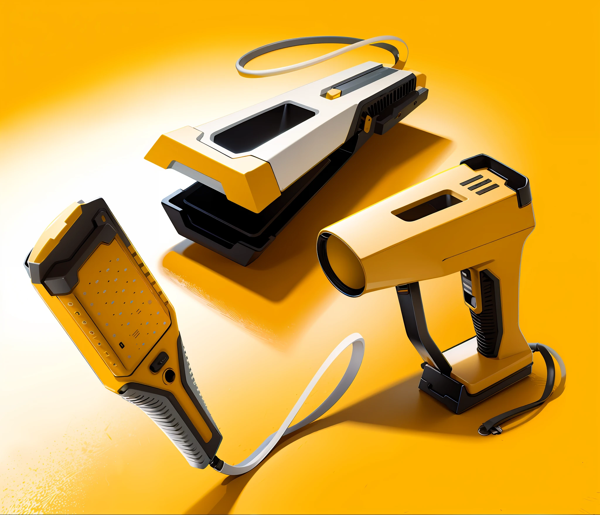 Product design, render, Blanck an yellow, mate colors, shadows, unreal engine, Dewalt brand