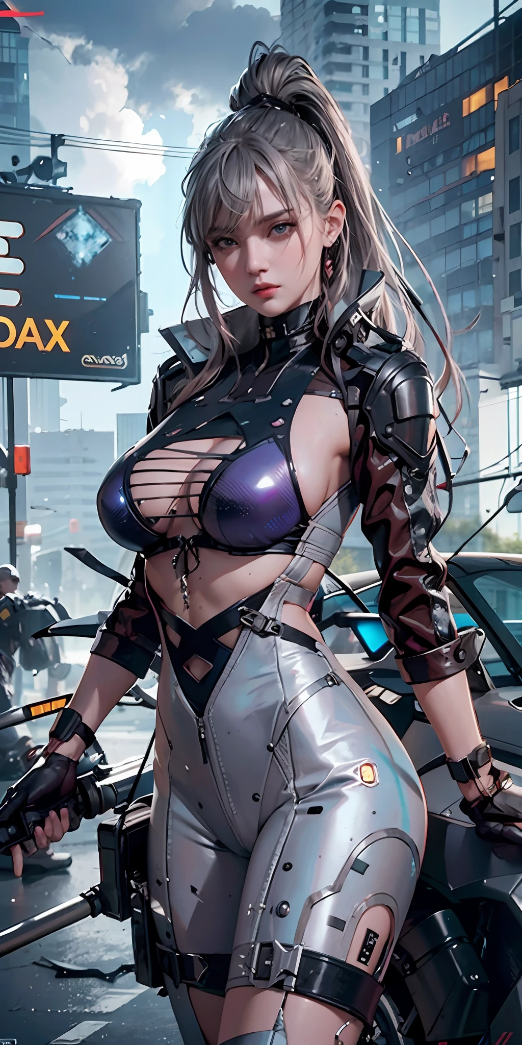 ((Best quality)), ((masterpiece)), (detailed:1.4), 3D, an image of a beautiful cyberpunk female,HDR (High Dynamic Range),Ray Tracing,NVIDIA RTX,Super-Resolution,Unreal 5,Subsurface scattering,PBR Texturing,Post-processing,Anisotropic Filtering,Depth-of-field,Maximum clarity and sharpness,Multi-layered textures,Albedo and Specular maps,Surface shading,Accurate simulation of light-material interaction,Perfect proportions,Octane Render,Two-tone lighting,Wide aperture,Low ISO,White balance,Rule of thirds,8K RAW, (large breast)