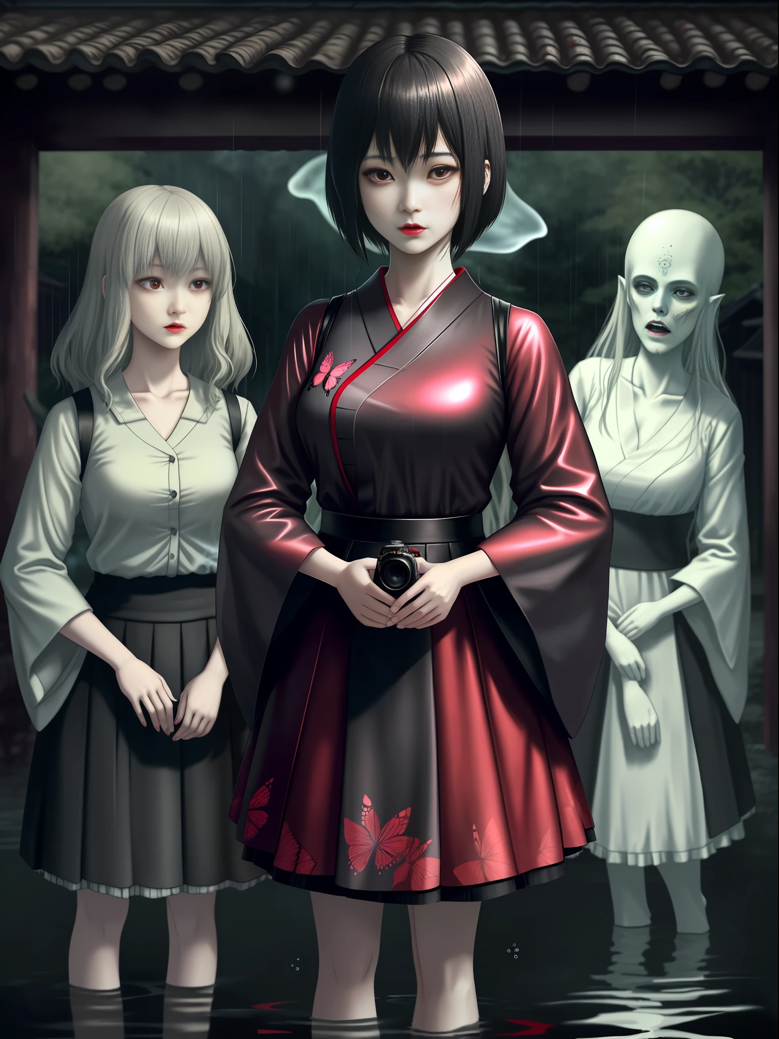 Fatal Frame Crimson butterfly, Terror, Full body photo, ((1 woman and a ghost of a zombie/ghost woman with the decaying body behind her)), she is in a black high school student outfit with a short skirt, she has big breasts, extremely beautiful, she has short black hair, red eyes, red lipstick on her mouth, she is holding an old Camera Obscura, she is in an old Japanese village at night, raining heavily, her clothes are soaked in transparent water and her hair is all soaked in water, Fatal Frame Crimson butterfly, anime, Terror, 16k, best quality, highres, high details, UHD, masterpiece