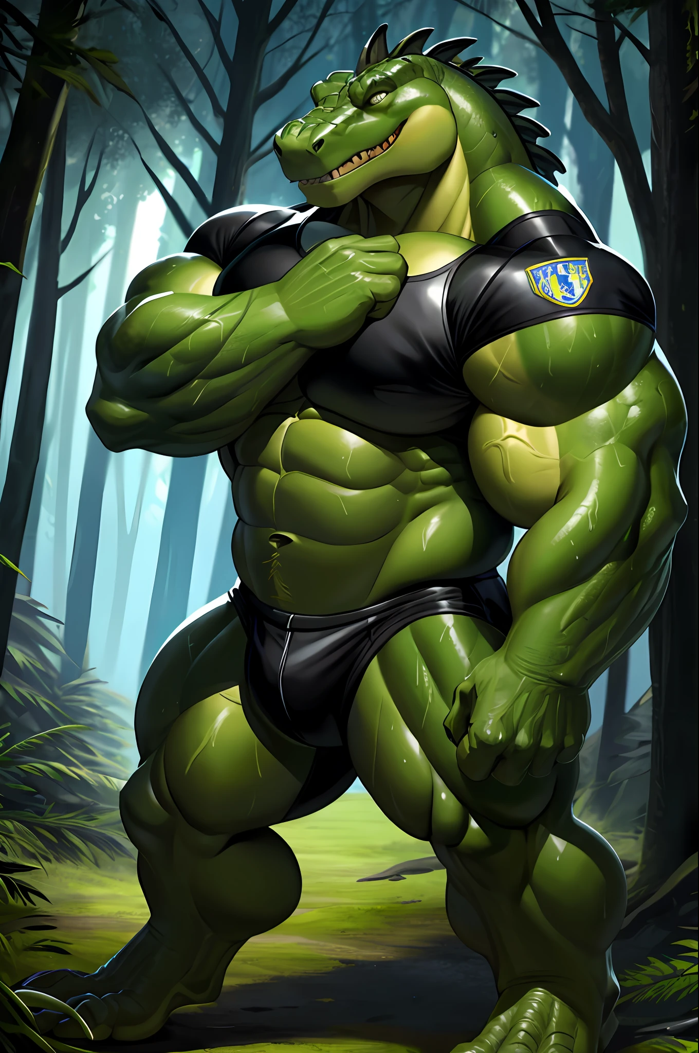 Ultra-detailed, ultra-realistic, fkingscifi_v2 professional stock photo hyperrealistic very muscular superheavyweight ifbb pro bodybuilder, highly detailed alligator head, very realistic alligator head, flexing muscles in a forest, wearing police jacket, very thick neck, very huge muscles, very large muscles, very huge biceps, very huge traps, very huge quads, very thick arms, very thick legs, very thick torso, very oiled, very sweaty, very veiny, highly detailed, highly detailed alligator scales, textured scales, highly detailed anatomy, highly detailed body, highly detailed muscles, intricate, aesthetics, dslr, vivid, studio lighting, studio quality, 8k, (wide shot), (full body), very ripped abs, very detailed abs, furious expression,sexy,hot,award winning, stunning