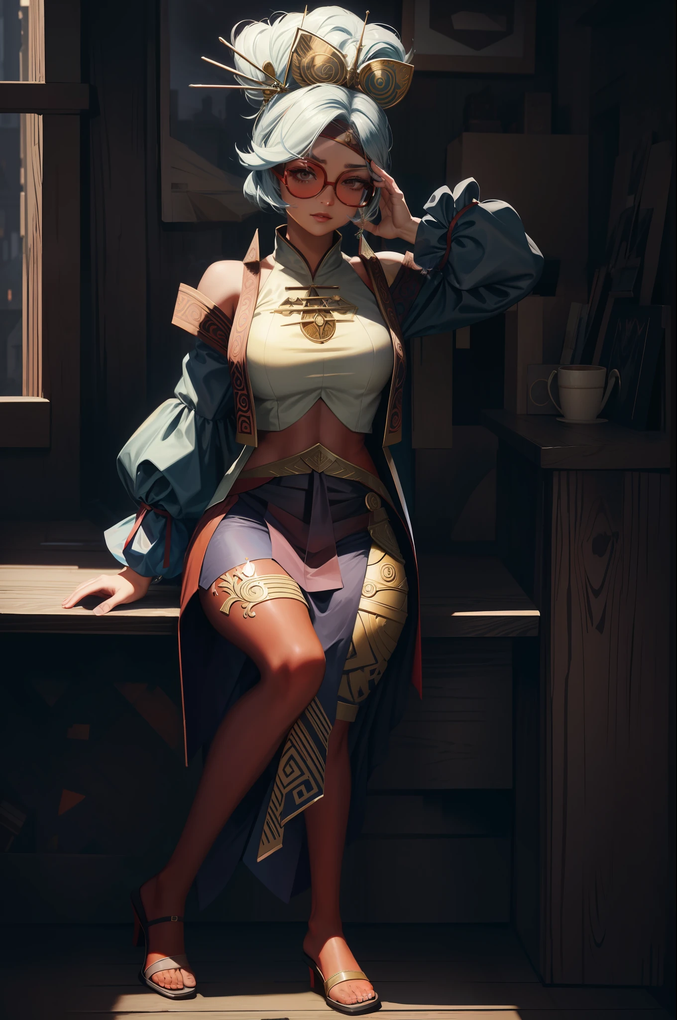 masterpiece, best quality, purah, red glasses, hair ornament, sleeveless shirt, black skirt, orange leggings, high heels, sitting, zelda, suomi 80mm Sigma f/2.0,vivid light, crop top, stylized portrait, dark fantasy, by greg rutkowski, trending on artstation detailed, award winning illustration, hd, 4k, digital art, highly detailed, cinematic lighting, vibrant colors, in the style of noah bradley, Beksinski