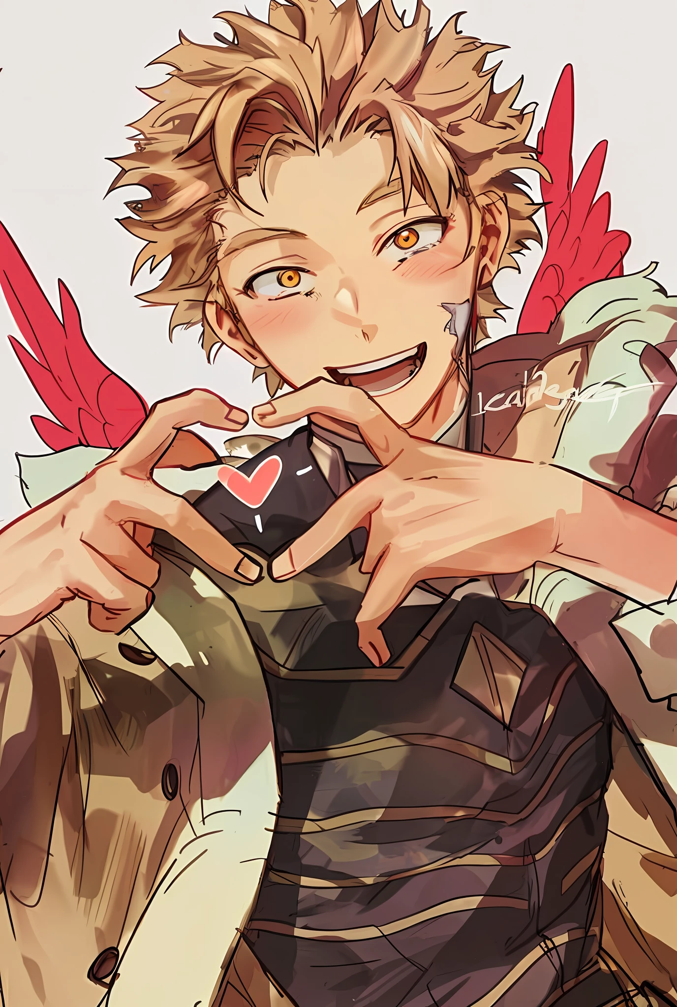 1boy, anime boy, male, cute, smile, blonde, red wings, heart hands
