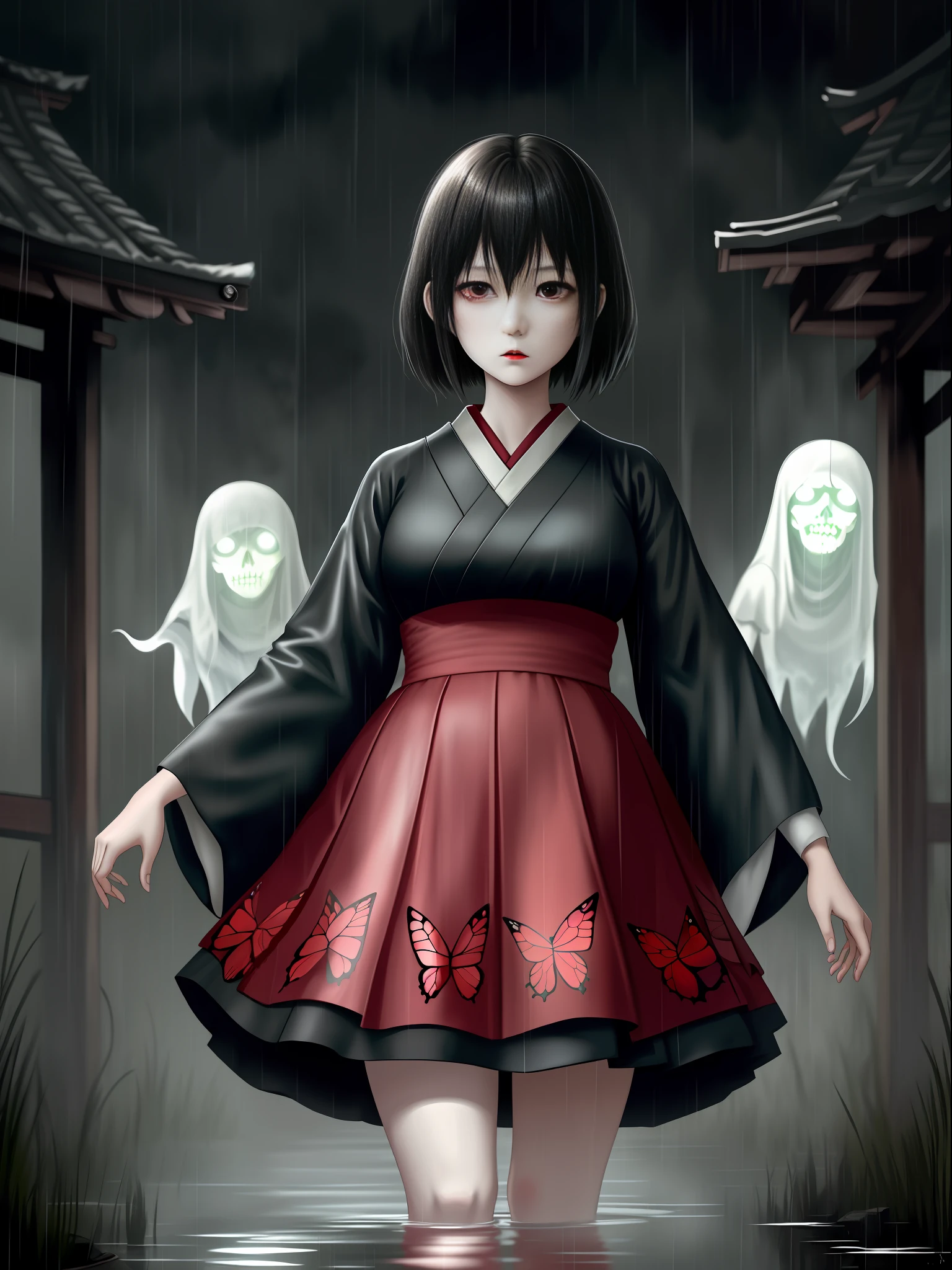 Fatal Frame Crimson butterfly, Terror, Full body photo, ((1 woman and a ghost of a zombie/ghost woman with the decaying body behind her)), she is in a black high school student outfit with a short skirt, she has big breasts, extremely beautiful, she has short black hair, red eyes, red lipstick on her mouth, she is holding an old Camera Obscura, she is in an old Japanese village at night, raining heavily, her clothes are soaked in transparent water and her hair is all soaked in water, Fatal Frame Crimson butterfly, anime, Terror, 16k, best quality, highres, high details, UHD, masterpiece