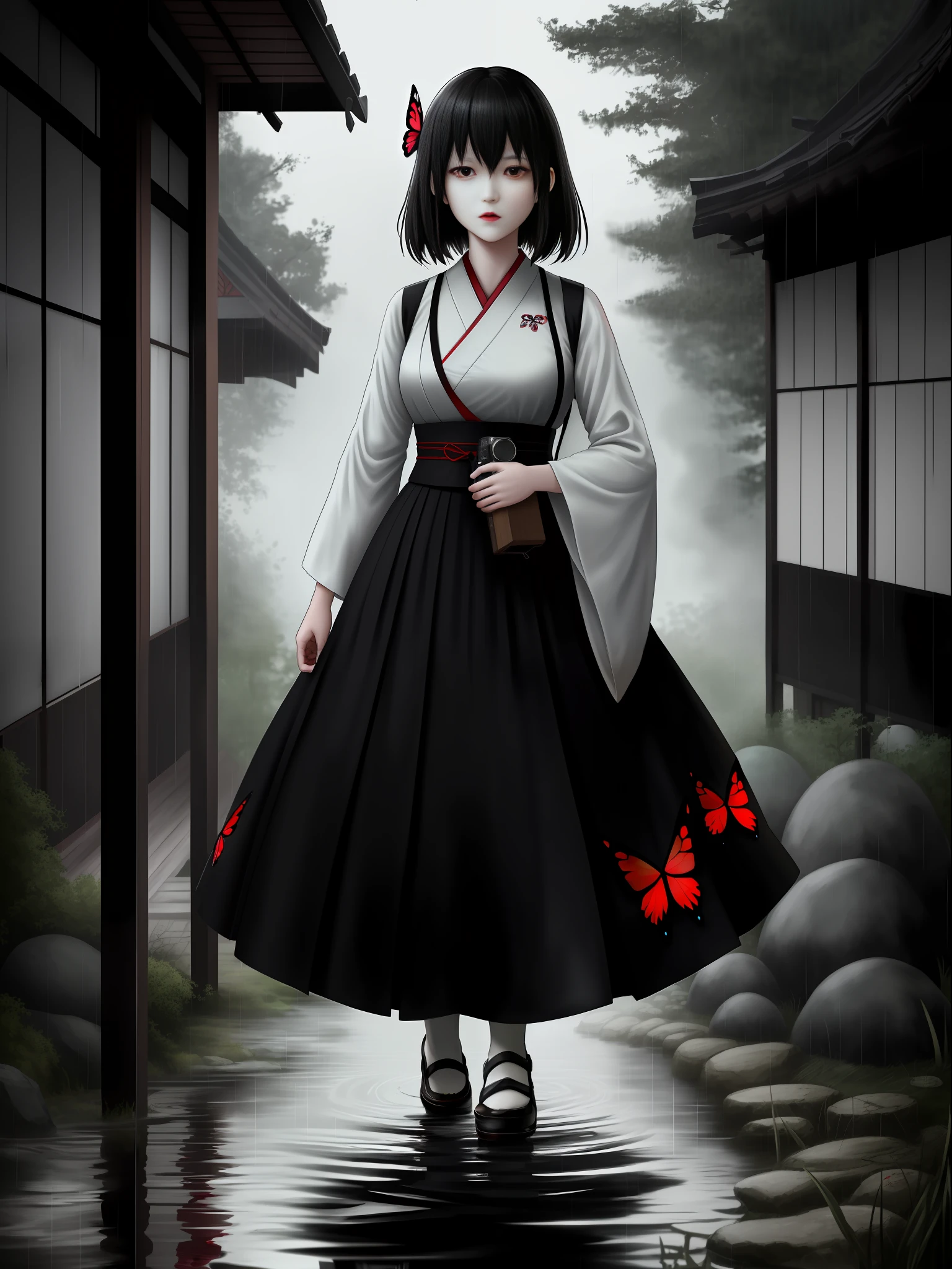 Fatal Frame Crimson butterfly, Terror, Full body photo, ((1 woman and a ghost of a zombie/ghost woman with the decaying body behind her)), she is in a black high school student outfit with a short skirt, she has big breasts, extremely beautiful, she has short black hair, red eyes, red lipstick on her mouth, she is holding an old Camera Obscura, she is in an old Japanese village at night, raining heavily, her clothes are soaked in transparent water and her hair is all soaked in water, Fatal Frame Crimson butterfly, anime, Terror, 16k, best quality, highres, high details, UHD, masterpiece