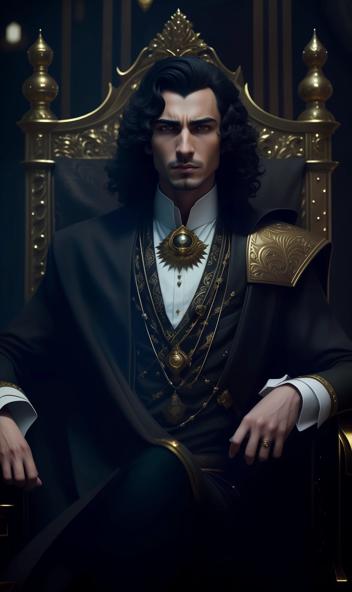 Arafed male in a black suit sitting on a golden chair, handsome androgynous prince, ornate dark royal robes, delicate androgynous prince, Darius Zawadzki and Tom Bagshaw, Renaissance prince, Tuomas Korpi and Wlop, Edmund Blair and Charlie Bowater, Paul Atreides, majesty in noble clothes, handsome prince, evil face, serious facial expression, serious eyebrow, expression of anger