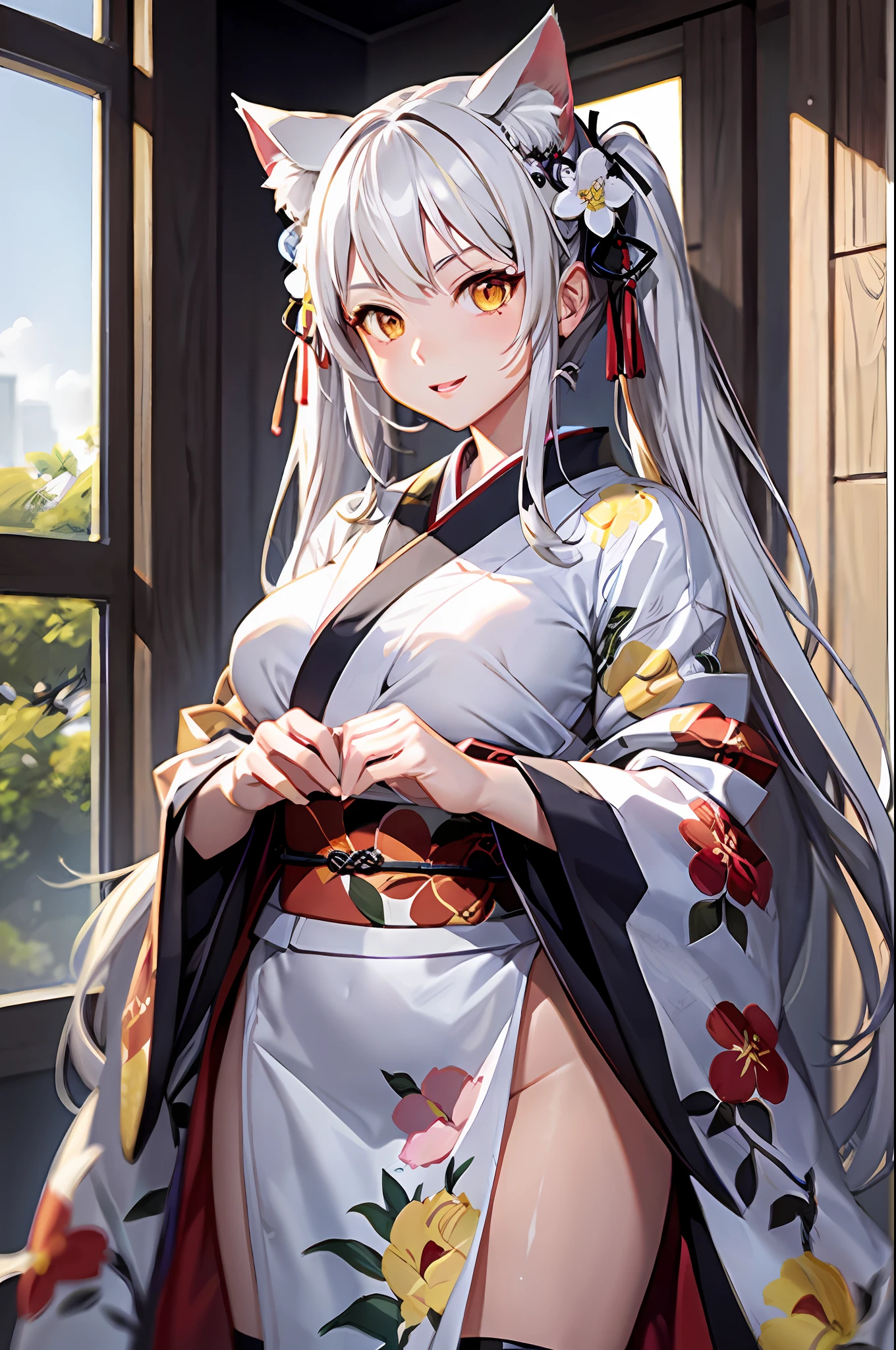 masterpiece, high resolution, highest quality, white kimono, big breasts, cat ears, floral pattern, yellow eyes, gray hair, twin tails,