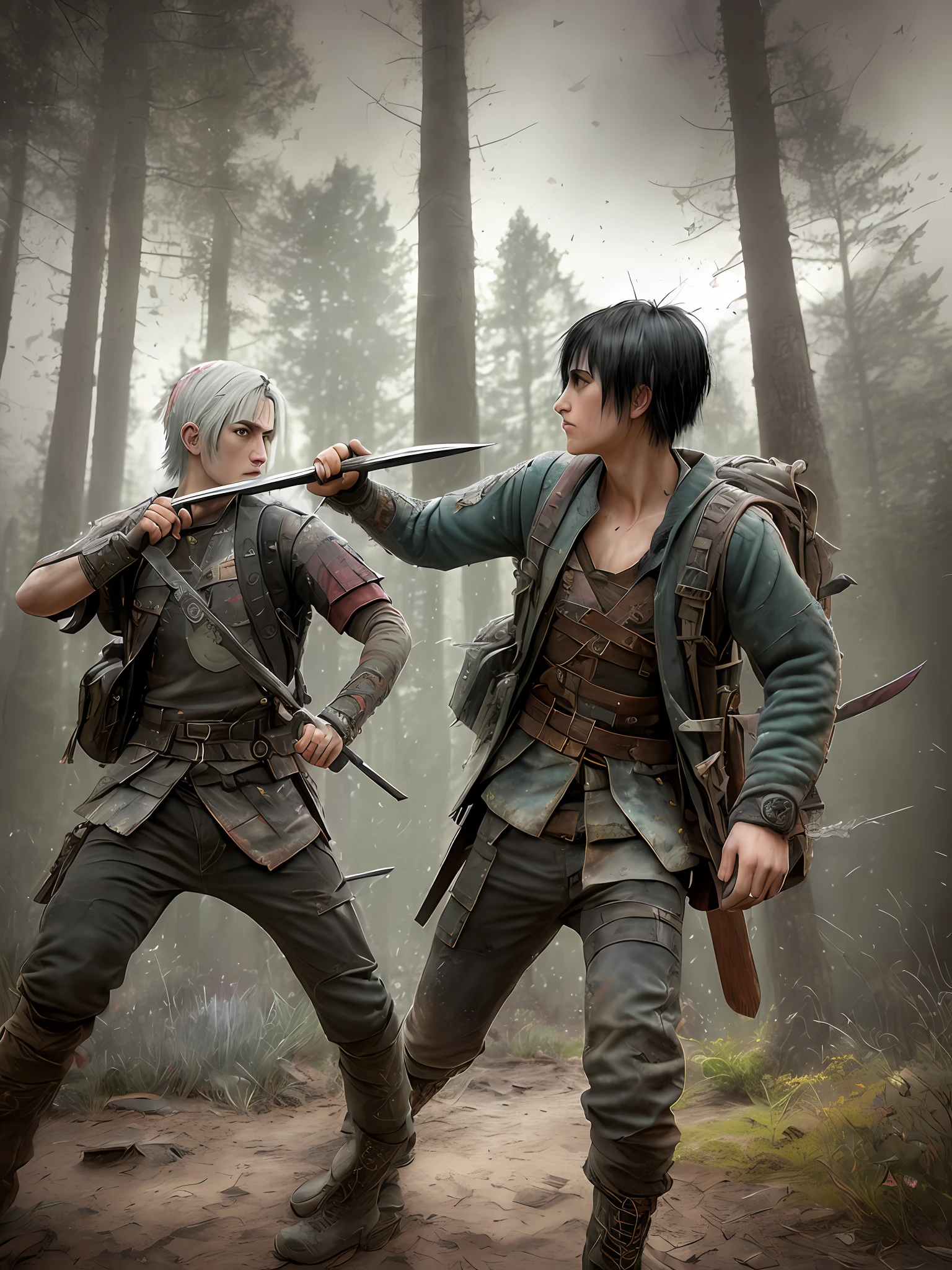 1 adult with white hair knife, 1 adult with black hair axe, fighting, duel, fighting, angry, 2 2 years, backpack, realistic epic, photo, faded, complex things around, forest background, soaked, neutral colors, (((((hdr)))), ((((soft colors)))), intricate scene, artistic station, intricate details, vignette, only two weapons, action scene