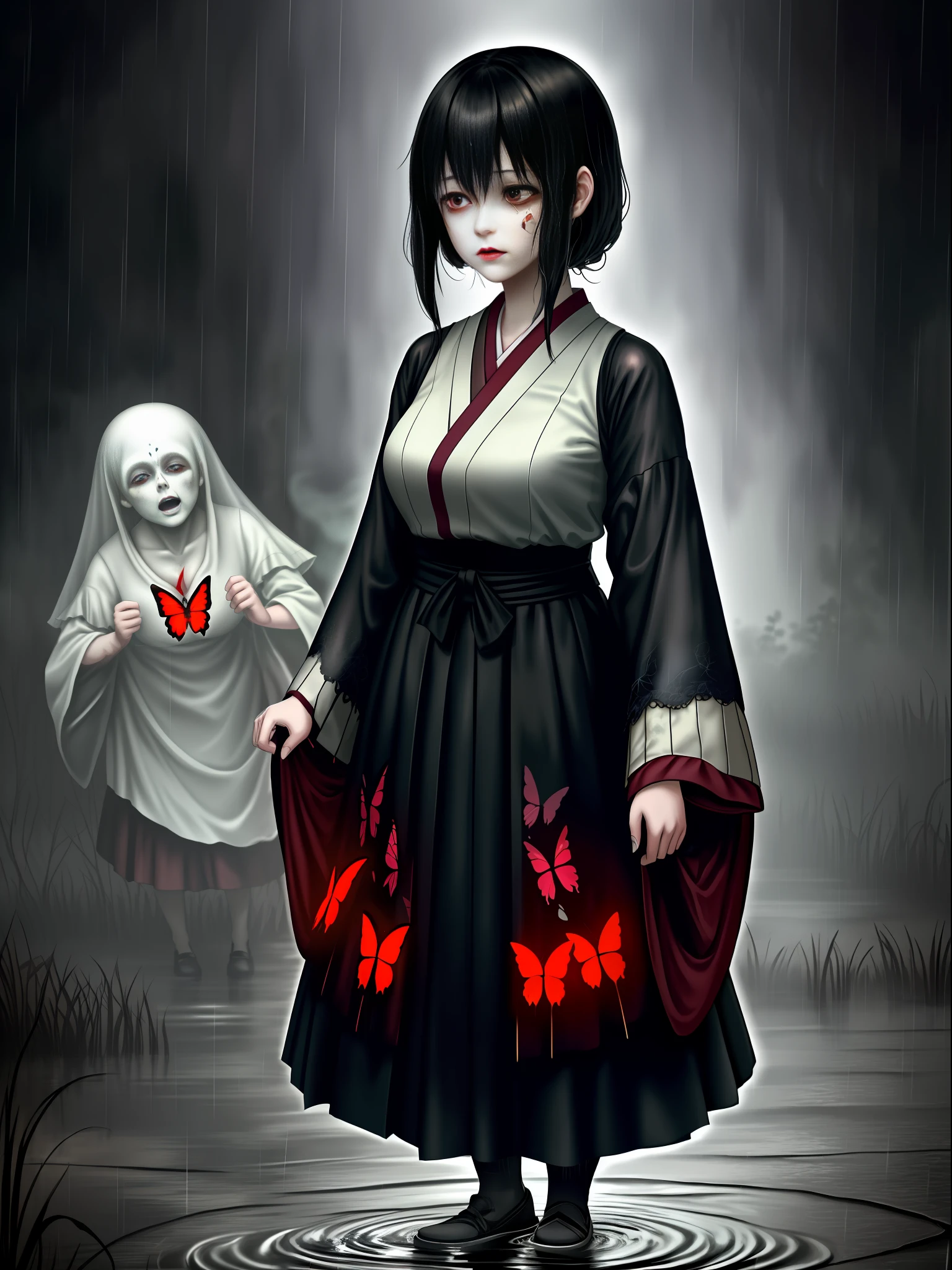 Fatal Frame Crimson butterfly, ((Ghosts)), Terror, Full body photo, (((1 woman and a ghost of a zombie/ghost woman with the decaying body behind her))), she is in a black high school student outfit with a short skirt, she has big breasts, extremely beautiful, she has short black hair, red eyes, red lipstick on her mouth, she is holding an old Camera Obscura, she is in an old Japanese village at night, raining heavily, her clothes are soaked in transparent water and her hair is all soaked in water, Fatal Frame Crimson butterfly, anime, Terror, 16k, best quality, highres, high details, UHD, masterpiece