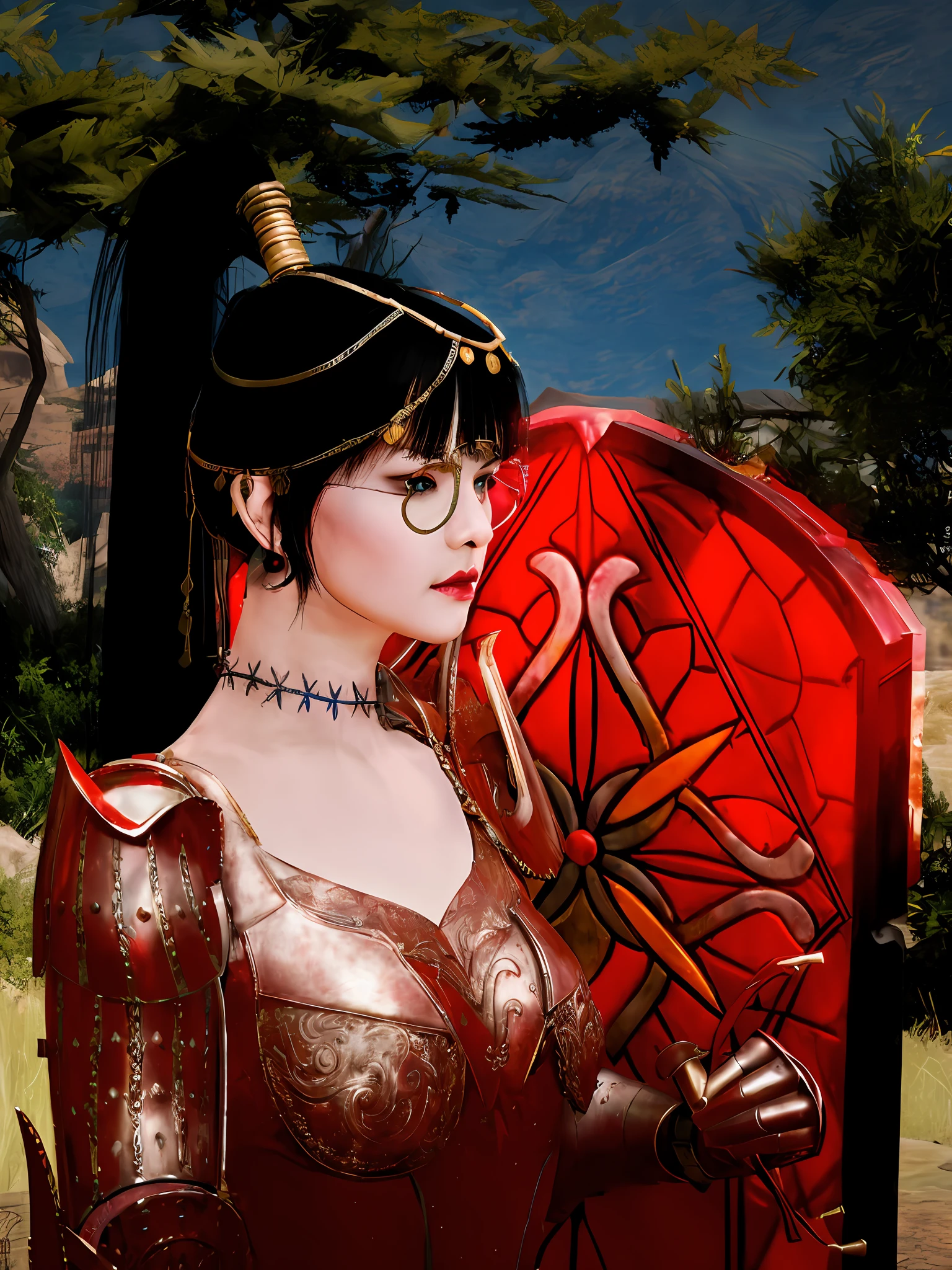 Style woman in a red dress holding a red shield, lady in red armor, ornate Korean polearm behind her, inspired by Li Mei-shu, wearing bright breastplate, red armor, mesmer seductive woman, blood red armor, handsome female cleric, elf seductive princess knight, Korean MMO, wearing ornate armor, cyborg noble woman