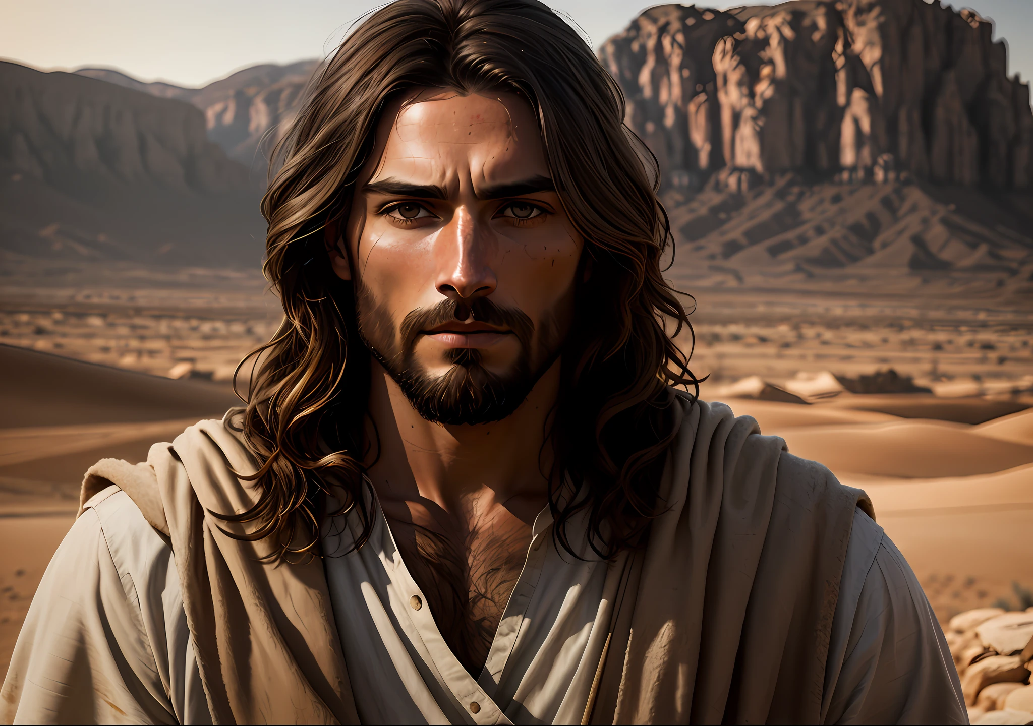 JESUS CHRIST PHOTO clear: realistic epic, smooth cinematic portrait, highly resalist, with rocky desert background, light brown eyes adobe lightroom, photographic laboratory, highly detailed, faded, (neutral colors: 1.2), (hdr: 1.4), (soft colors:1.2), hyperdetailed, (artstation:1.4), cinematic, warm lights, dramatic light, (intricate details:1.1), complex background, (rutkowski:0.66), (blue and orange:0.4)