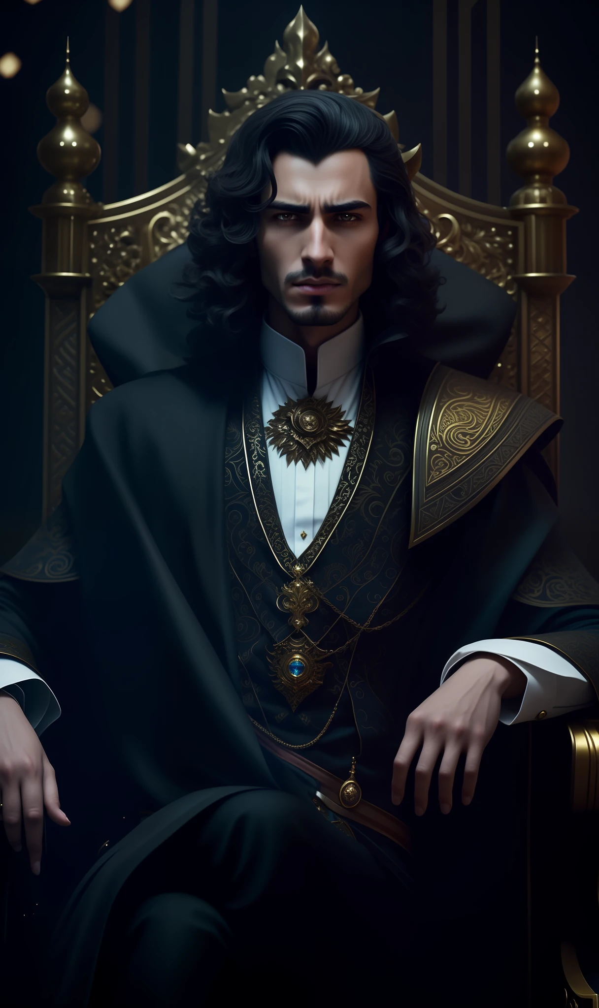 Arafed male in a black suit sitting on a golden chair, handsome androgynous prince, ornate dark royal robes, delicate androgynous prince, Darius Zawadzki and Tom Bagshaw, Renaissance prince, Tuomas Korpi and Wlop, Edmund Blair and Charlie Bowater, Paul Atreides, majesty in noble clothes, handsome prince, evil face, serious facial expression, serious eyebrow, expression of anger