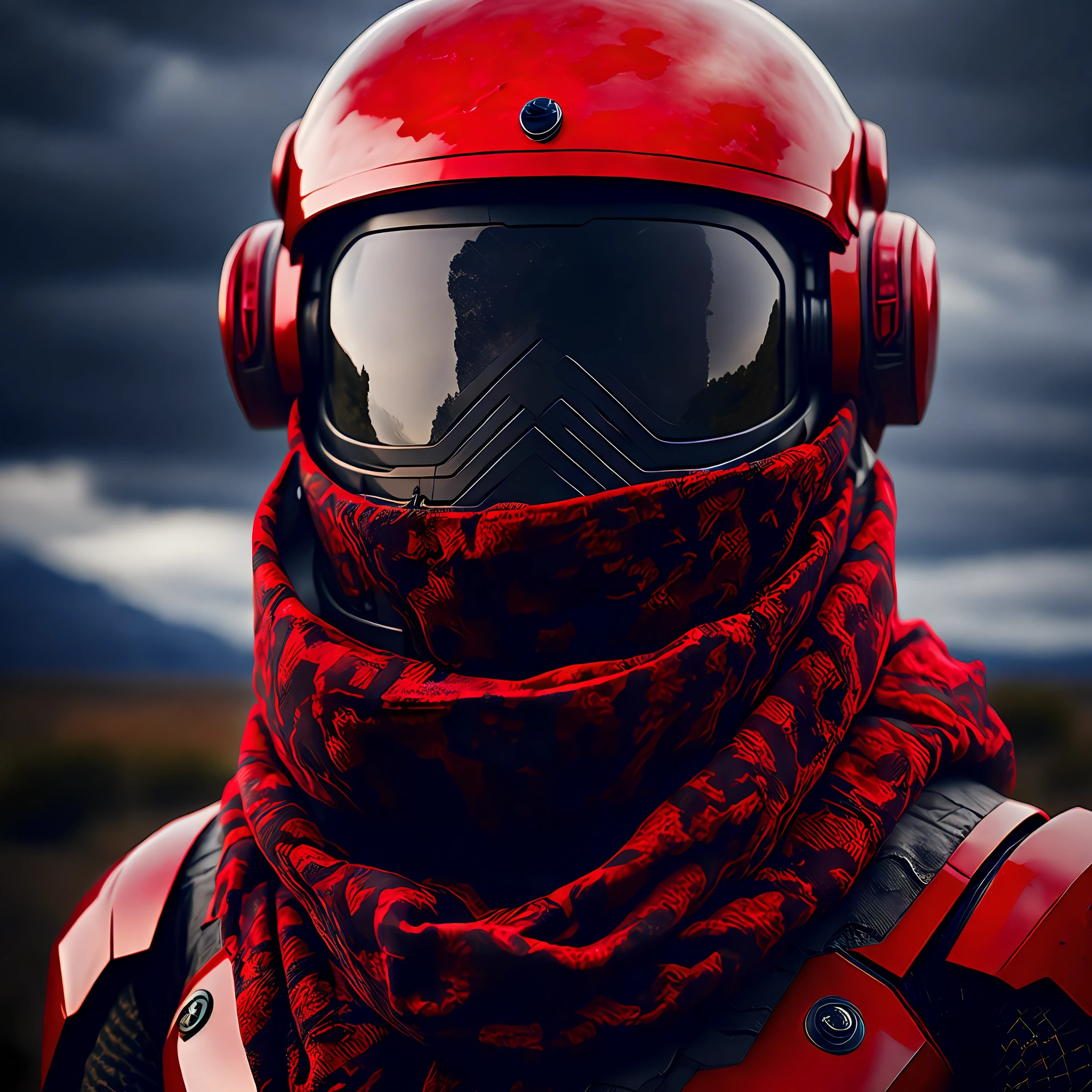 Red robot helmet, scarf, camouflage storm jacket, bust, super detailed, realistic, ultra-realistic, high quality, best, super detail, crazy detail, very detailed, photo realism, epic composition, best quality