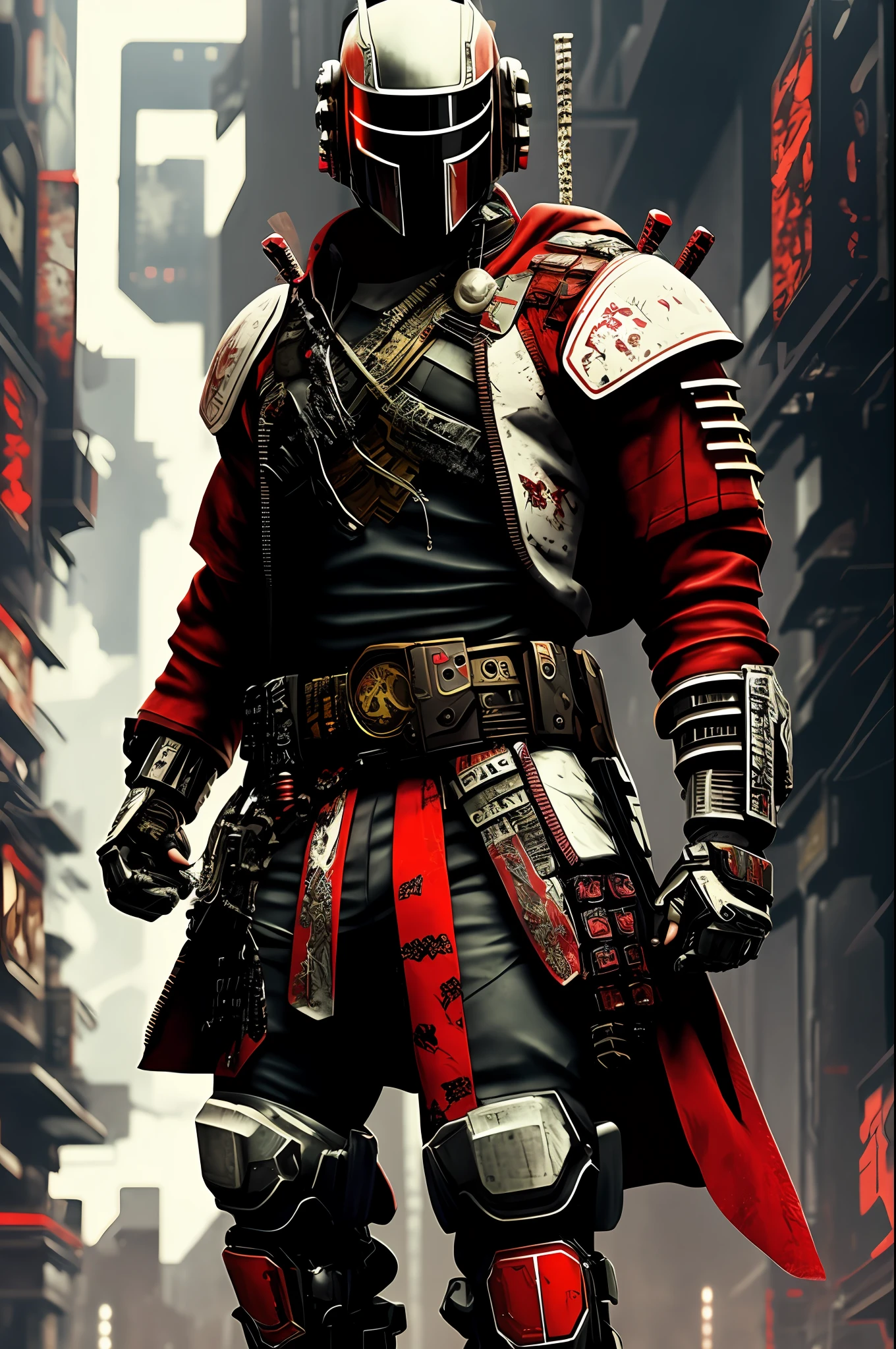 Bounty Hunter, cyberpunk samurai, full body, pose, white and red clothes, jacked body, cyberpunk background europe.