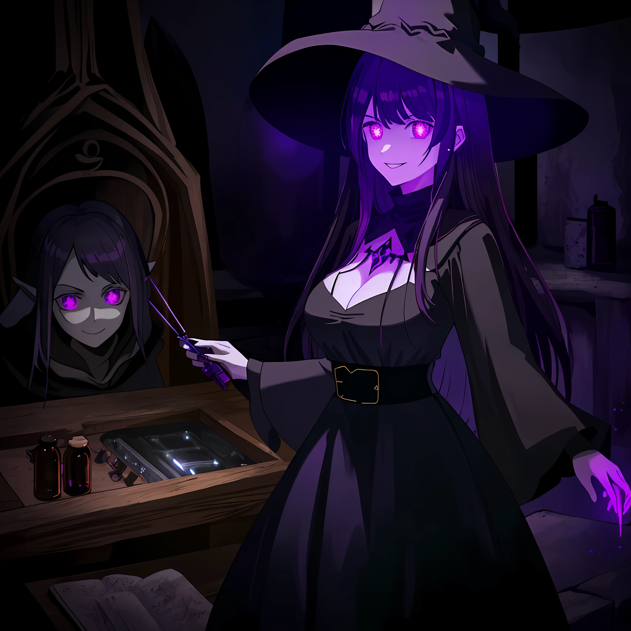 an evil beautiful witch is doing chemical experiments in an old abandoned medieval hut with black magic and a lot of alchemical test tubes, dark fantasy style, smiling, black robes, cleavage, large breasts, thighs, black dress, witch hat, wide brim witch hat, purple hair, purple eyes, glowing eyes, (((purple glowing eyes))), gorgeous
