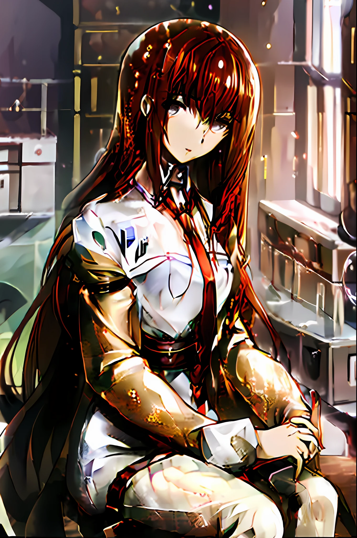 (masterpiece: 1.3), best quality, official art, magazine cover, ultra detailed, 1girl, makise kurisu, with salobratory robe, lab, typing on computer, long hair, straight hair, red hair, brown eyes, glasses, jewelry, art by [Abbott Handerson Thayer| Abram Arkhipov],