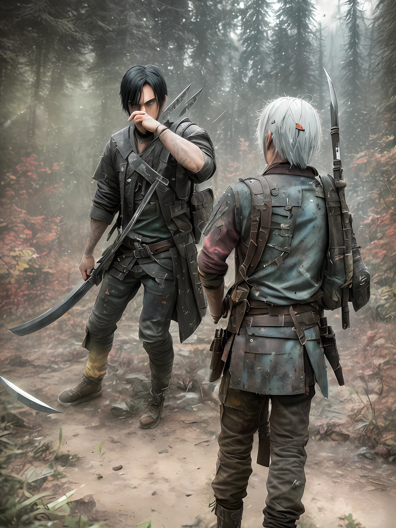1 adult with white hair knife, 1 adult with black hair axe, fighting, duel, fighting, angry, 2 2 years, backpack, realistic epic, photo, faded, complex things around, forest background, soaked, neutral colors, (((((hdr)))), ((((soft colors)))), intricate scene, artistic station, intricate details, vignette, only two weapons, action scene