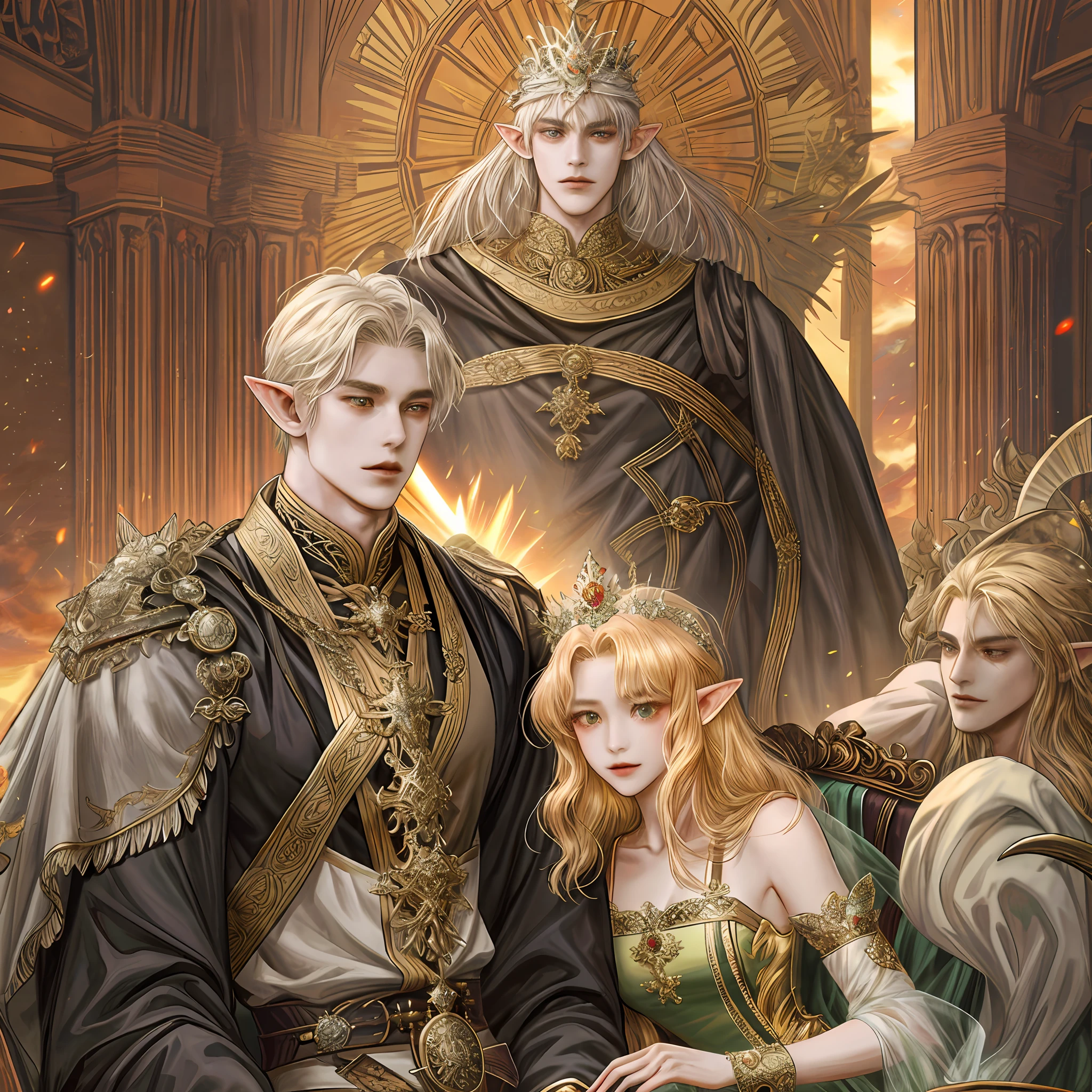 man, tall stature, bouncing, muscular, sun-skinned, elf ears, tall hair, antique fantasy dress, shirtless, crown, background detail, sitting on a black throne, hemorrhoid, 3-headed siberus, devil sword, dark magic, power, ชั่วร้าย, โรคจิต, โหดเหี้ยม, น่ากลัว