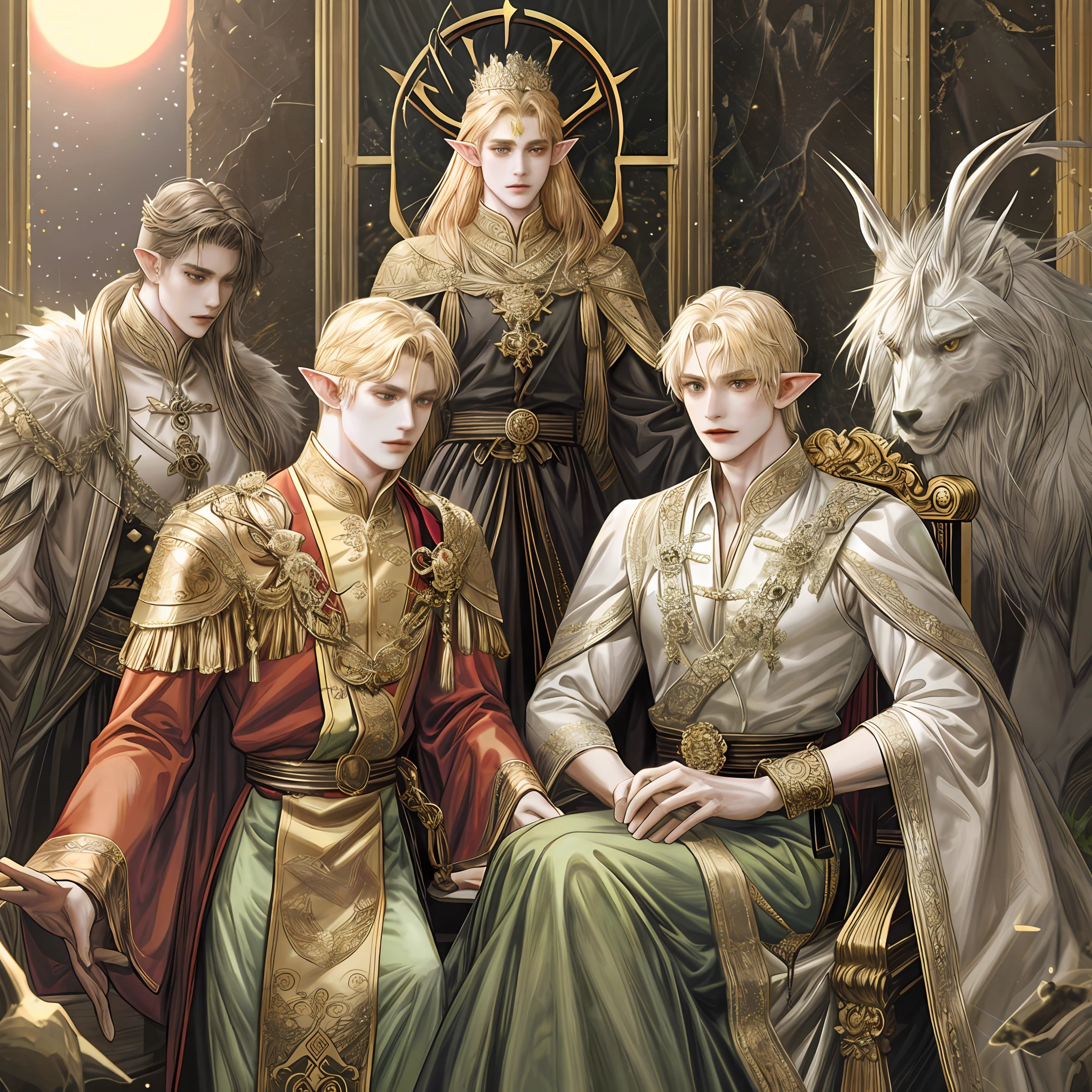 man, tall stature, bouncing, muscular, sun-skinned, elf ears, tall hair, antique fantasy dress, shirtless, crown, background detail, sitting on a black throne, hemorrhoid, 3-headed siberus, devil sword, dark magic, power, ชั่วร้าย, โรคจิต, โหดเหี้ยม, น่ากลัว