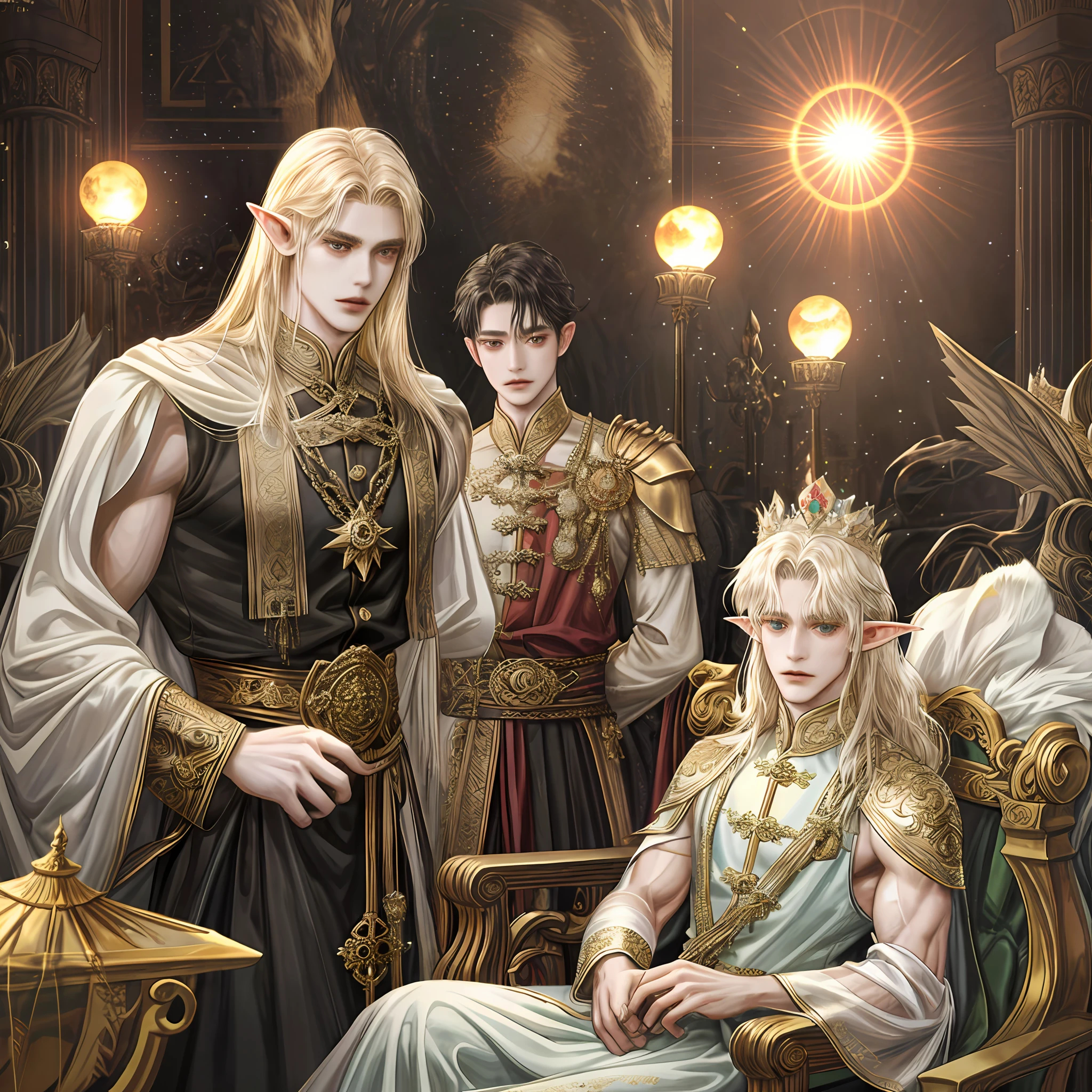 man, tall stature, bouncing, muscular, sun-skinned, elf ears, tall hair, antique fantasy dress, shirtless, crown, background detail, sitting on a black throne, hemorrhoid, 3-headed siberus, devil sword, dark magic, power, ชั่วร้าย, โรคจิต, โหดเหี้ยม, น่ากลัว