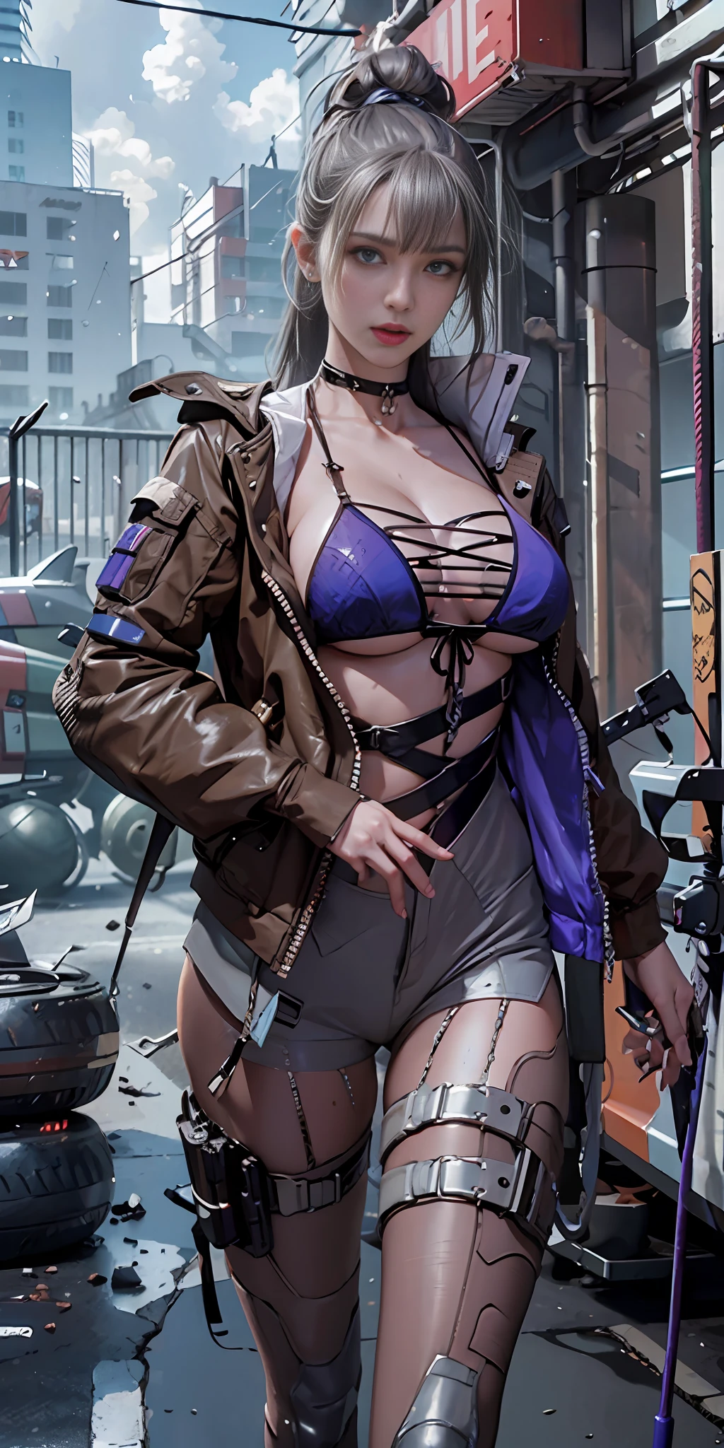 ((Best quality)), ((masterpiece)), (detailed:1.4), 3D, an image of a beautiful cyberpunk female,HDR (High Dynamic Range),Ray Tracing,NVIDIA RTX,Super-Resolution,Unreal 5,Subsurface scattering,PBR Texturing,Post-processing,Anisotropic Filtering,Depth-of-field,Maximum clarity and sharpness,Multi-layered textures,Albedo and Specular maps,Surface shading,Accurate simulation of light-material interaction,Perfect proportions,Octane Render,Two-tone lighting,Wide aperture,Low ISO,White balance,Rule of thirds,8K RAW, (large breast)