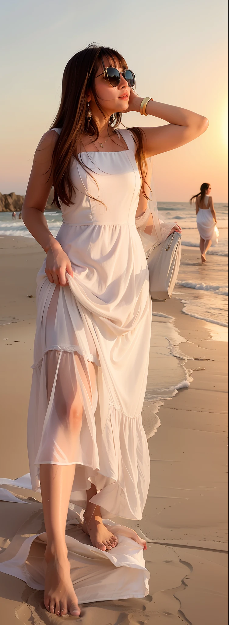 woman in a dress walking on the beach, wearing a long dress, white sunkiss skin, wearing orange sundress, wearing long gown, wearing a wonderful dress, soft silk dress, at beach at sunset, standing near the beach, wearing a dress made of water, sexy pose , ultra detailed realistic face and body
