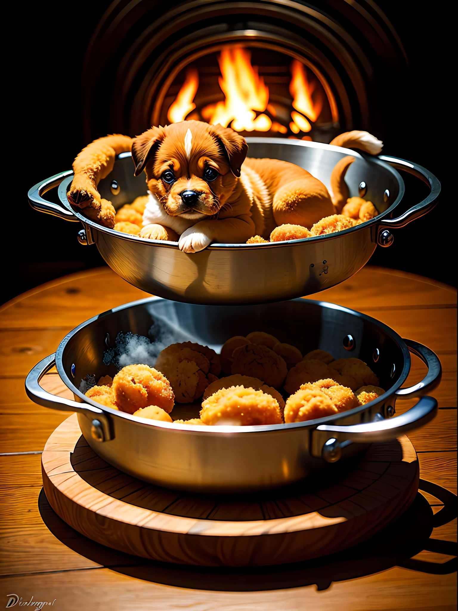 Puppy in a frying pan, (intricate details:1.12), HDR, dali style
