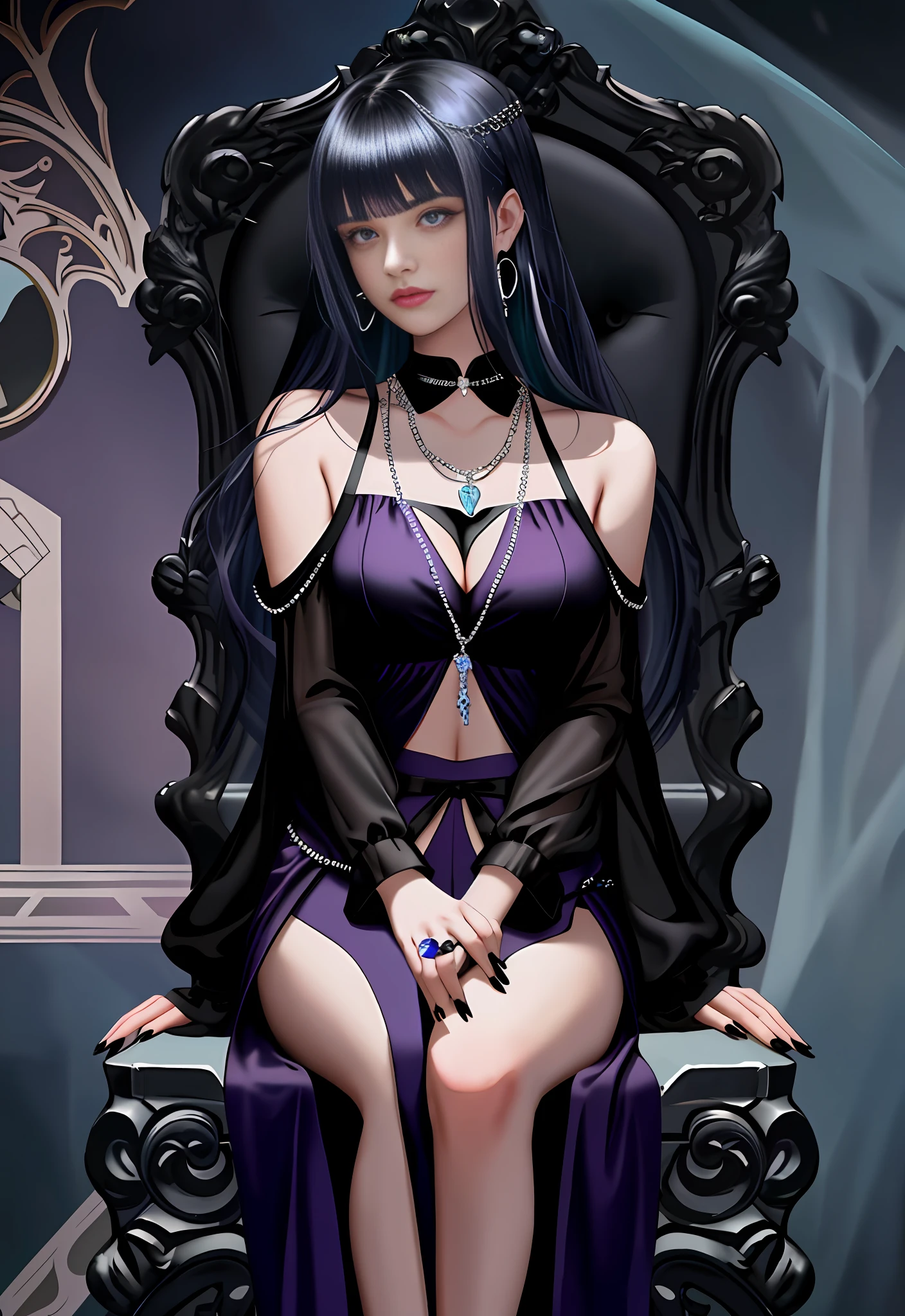 1girl, bangs, bare shoulders, black dress, black nails, blue hair, chain, chair, cleavage, clothing cutout, collarbone, dress, earrings, feet out of frame, hamel, jewelry, long hair, looking at viewer, huge breasts, nail polish, navel, navel cutout, own hands together, parted lips, pink eyes, purple eyes, sitting, solo, very long hair