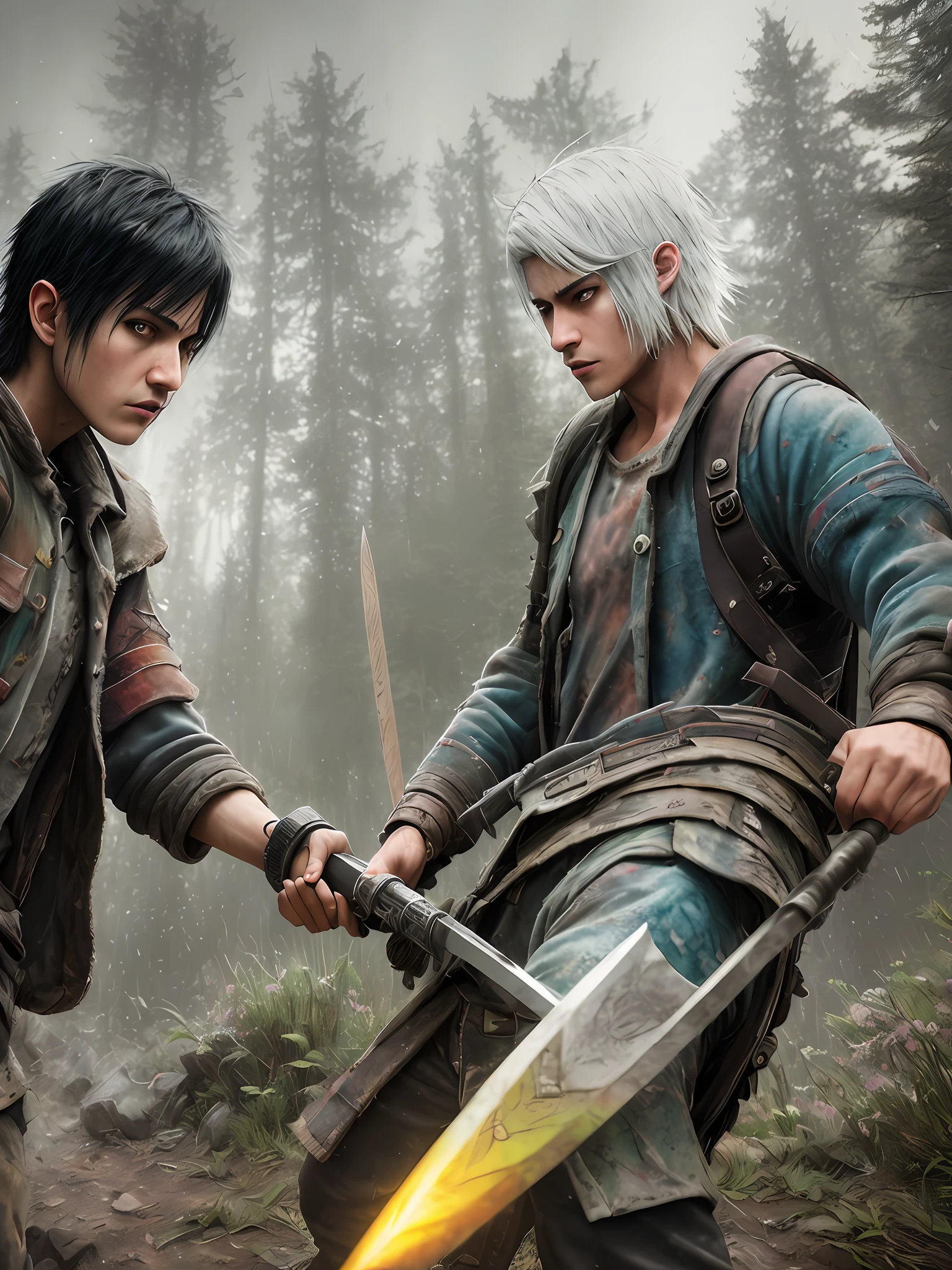 1 adult with white hair knife, 1 adult with black hair axe, fighting, duel, fighting, angry, 2 2 years, backpack, realistic epic, photo, faded, complex things around, forest background, soaked, neutral colors, (((((hdr)))), ((((soft colors)))), intricate scene, artistic station, intricate details, vignette, only two weapons, action scene
