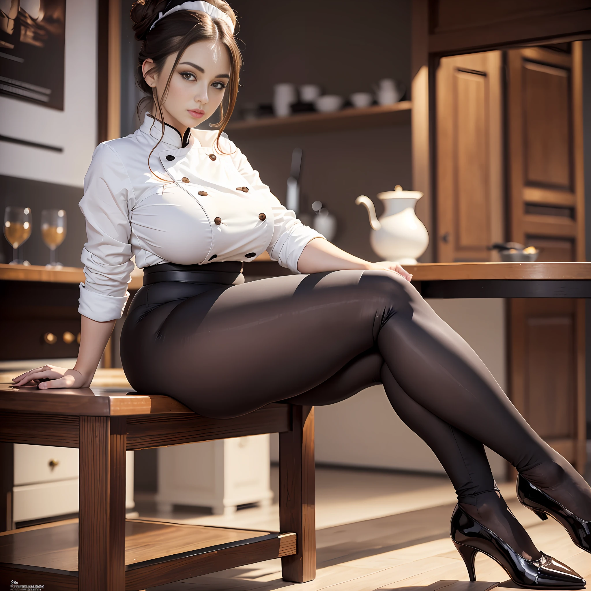 (Masterpiece, great quality, high resolution) Pastry wardrobe, sitting, full body, tight black pants, white chef's jacket very very tight, brown hair with a bun, large and beautiful eyes, intense and sensual look, very large and voluptuous hips, big legs, sensual posture, luxurious pastry atmosphere, dreamy.
