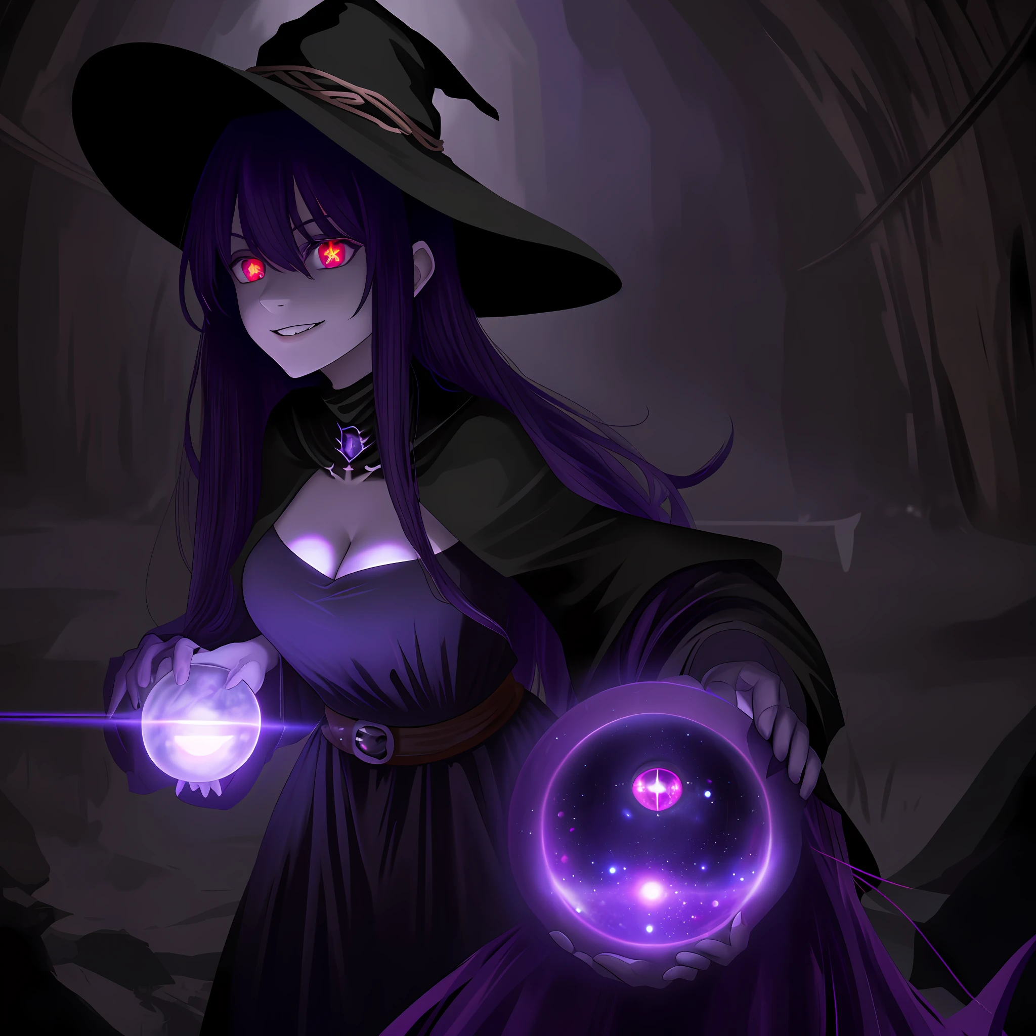 an evil beautiful witch is doing chemical experiments in an old abandoned medieval hut with black magic and a lot of alchemical test tubes, dark fantasy style, smiling, black robes, cleavage, large breasts, thighs, black dress, witch hat, wide brim witch hat, purple hair, purple eyes, glowing eyes, (((purple glowing eyes))), gorgeous, high res, masterpiece, best quality, no extra hands, perfect anatomy